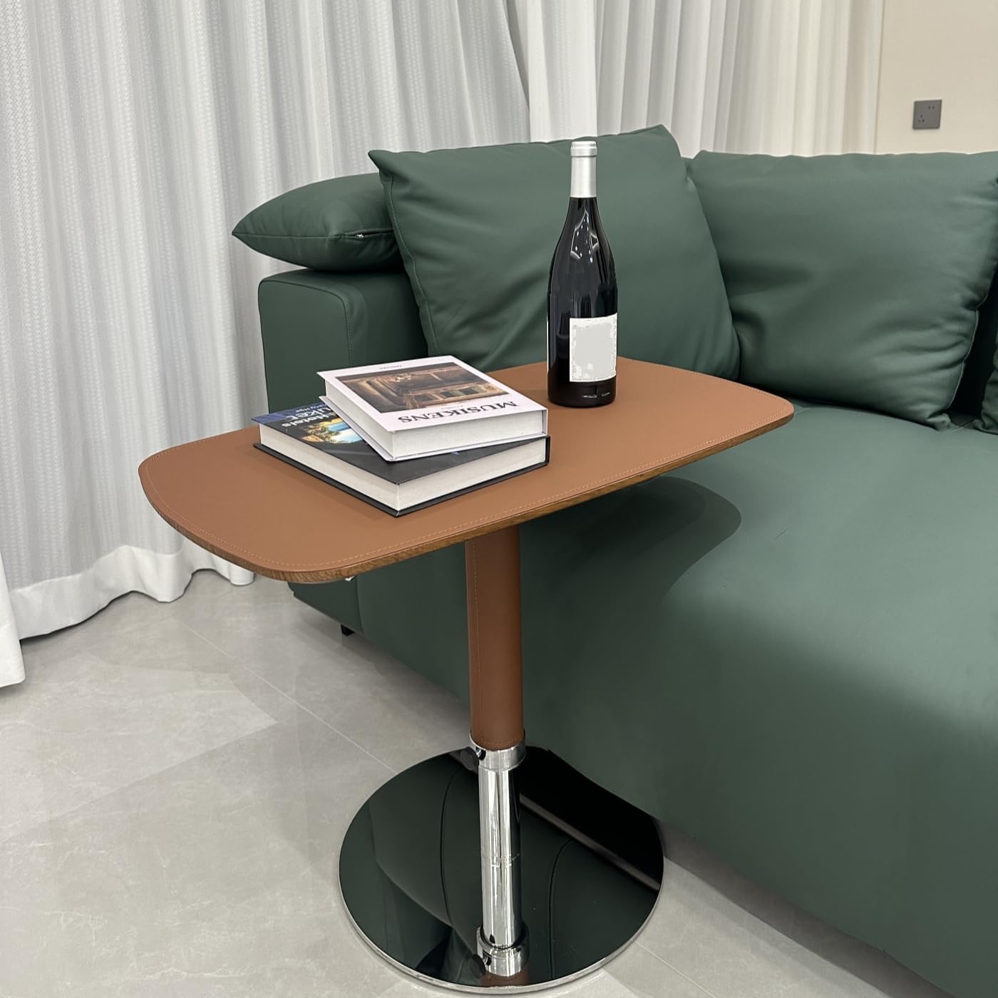 Adjustable Swivel Table for Bed and Couch with Faux Saddle Leather Cover, Metal Base + Waterproof Accordion Closet Curtain 44×77 Inch, Beige 1 Panel