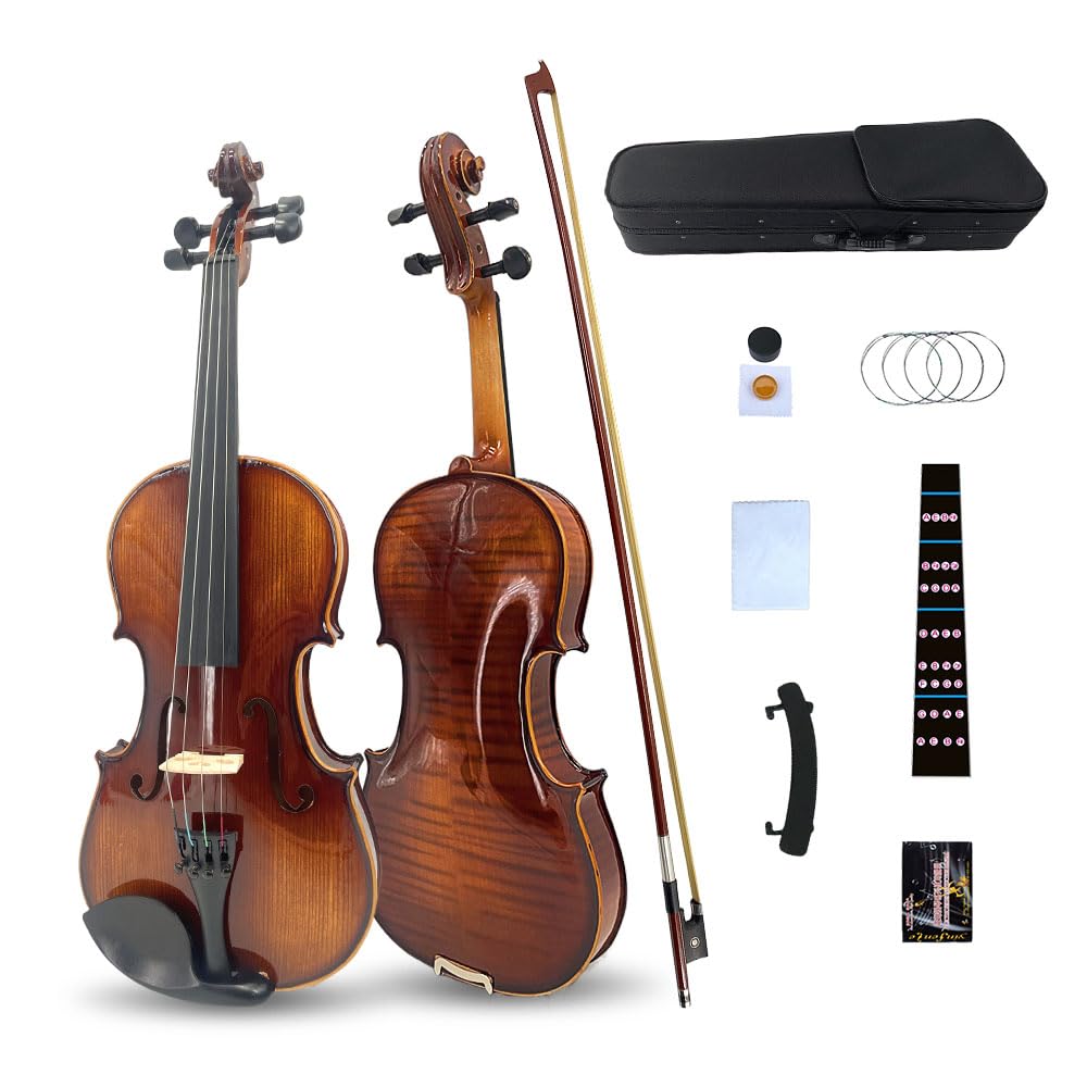 4/4 Violinen-Set in voller Größe für Erwachsene, Violinengeigen-Set für Anfänger, mit Schulterstütze, Bogenbrücke, Hartschalenkoffer und extra 4 Saiten