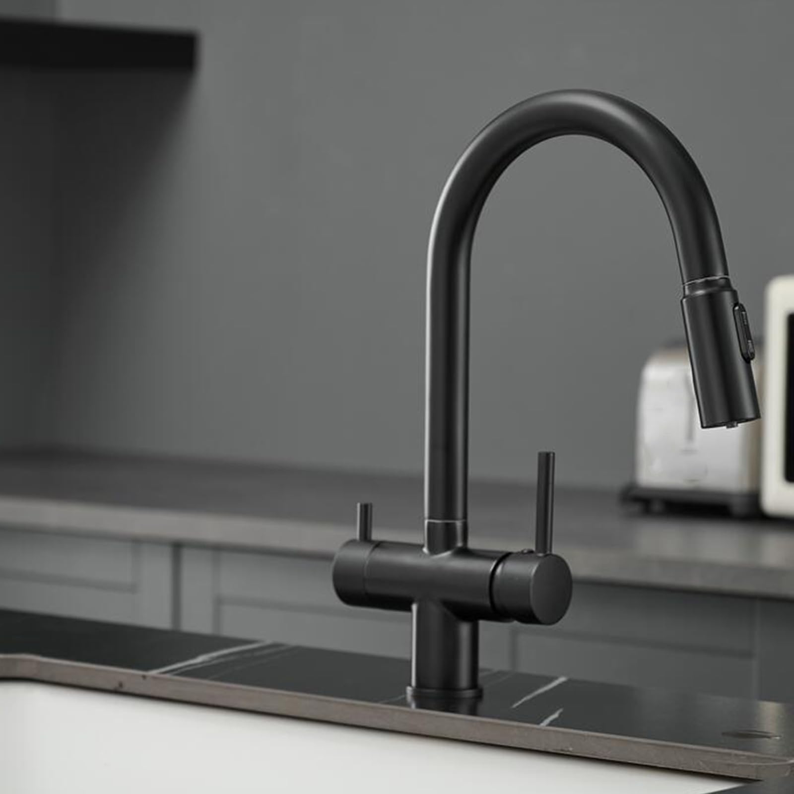 Grifo de Cocina Osmosis 3 Vias Extraible Latón 2 Manijas Grifo 3 Vias Osmosis Giratorio Orificio Único-Negro