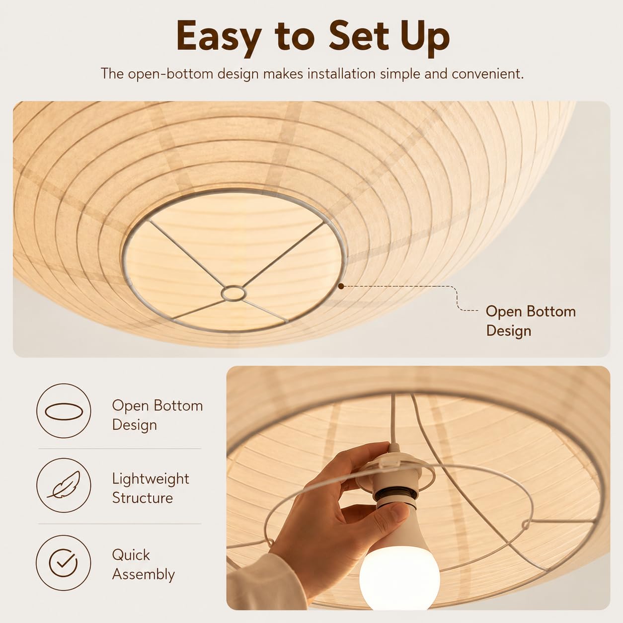Paralume in Carta di Riso Spessa, Lanterne di Carta Rotonda Moderna, Lampadario Sospeso a Sfera per Illuminazione Ambiente, per Soggiorno, Camera da Letto, Giallo Beige, 40 cm