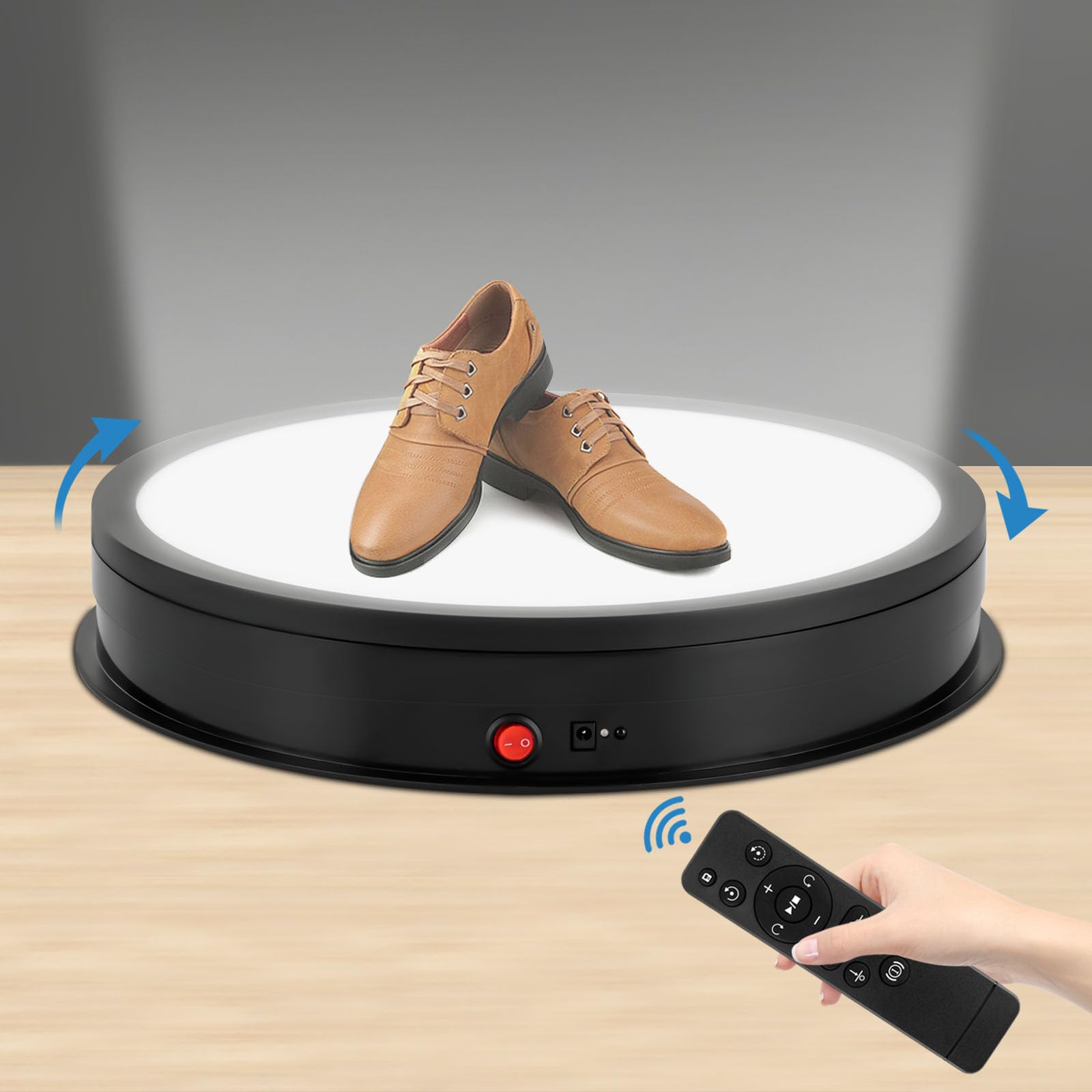 Supporto girevole per presentazione, piatto girevole elettrico girevole a 360°, 42 cm, con telecomando, luce LED per gioielli, dispositivi digitali, presentazione del modello