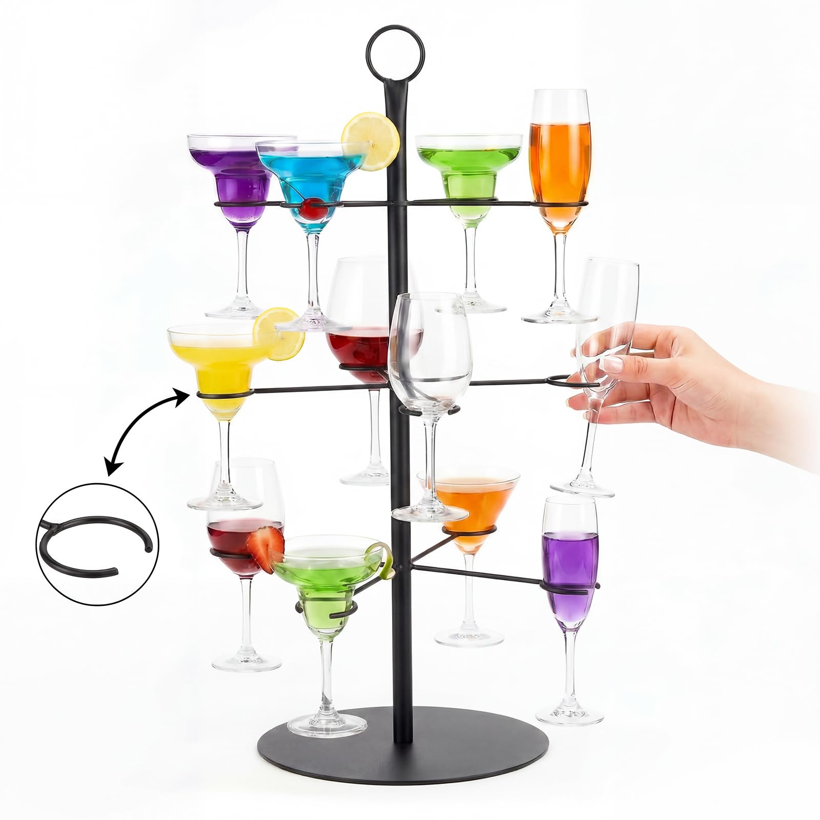 Bevande Torre, Cocktail Tree Stand in Metallo 3 Piani 12 Bicchieri Supporto per Albero di Cocktail per Bar, Casa, Feste, Gin, Aperol, Cocktail, Martini, Champagne, Vino (Nero)