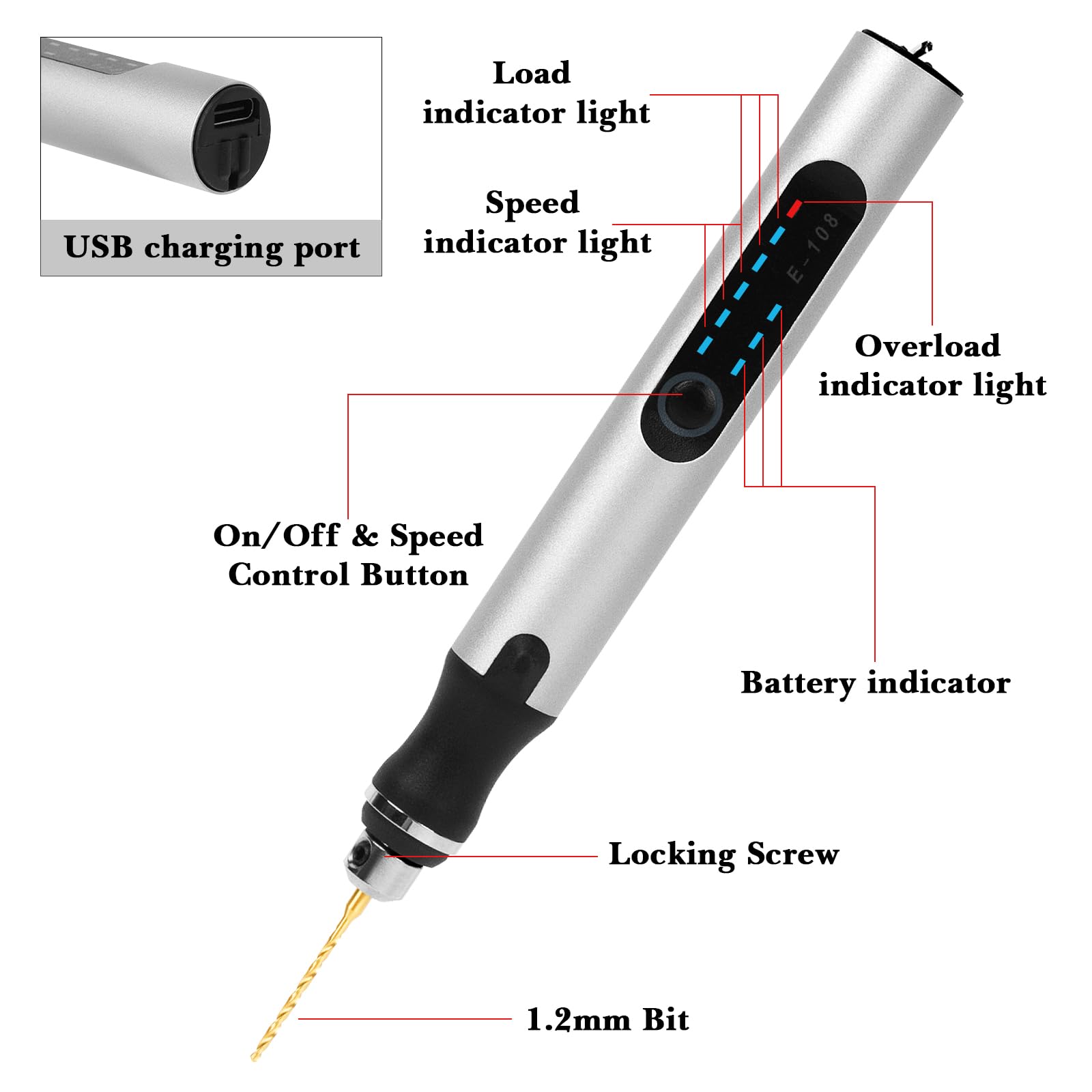 Adorila 3-Speed Cordless Mini Drill Pen with 10 Small Drill Bits, Rechargeable Electric Hand Drill, Resin Drill Set for Jewelry Making Plastic Wood Keychains DIY (Silver)