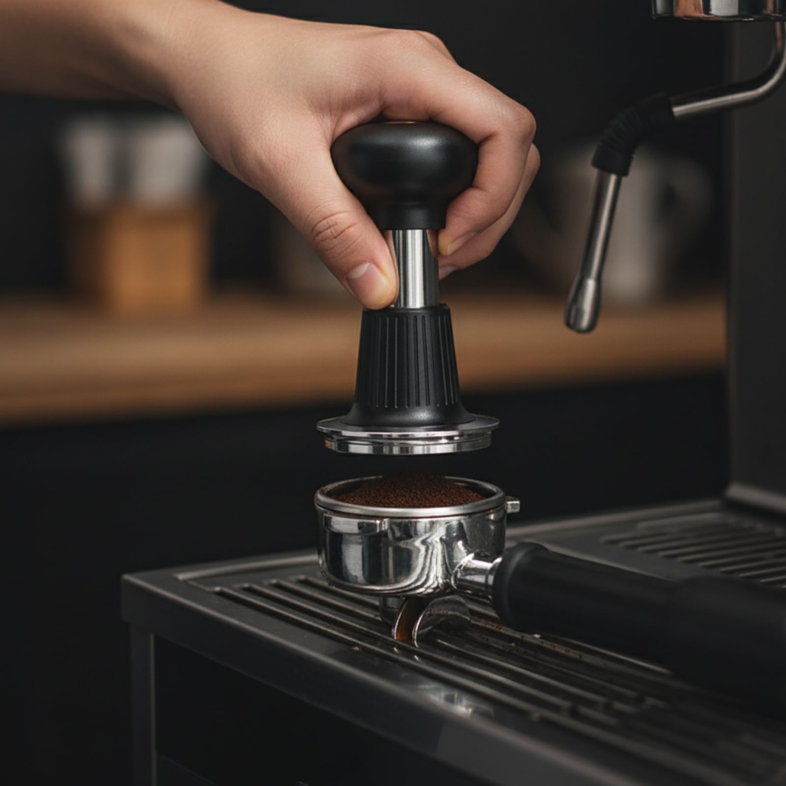 rockible dor Café con Base Estriada Negro dor Café Agarre Suave Apisonador para Cafetería, 58mm