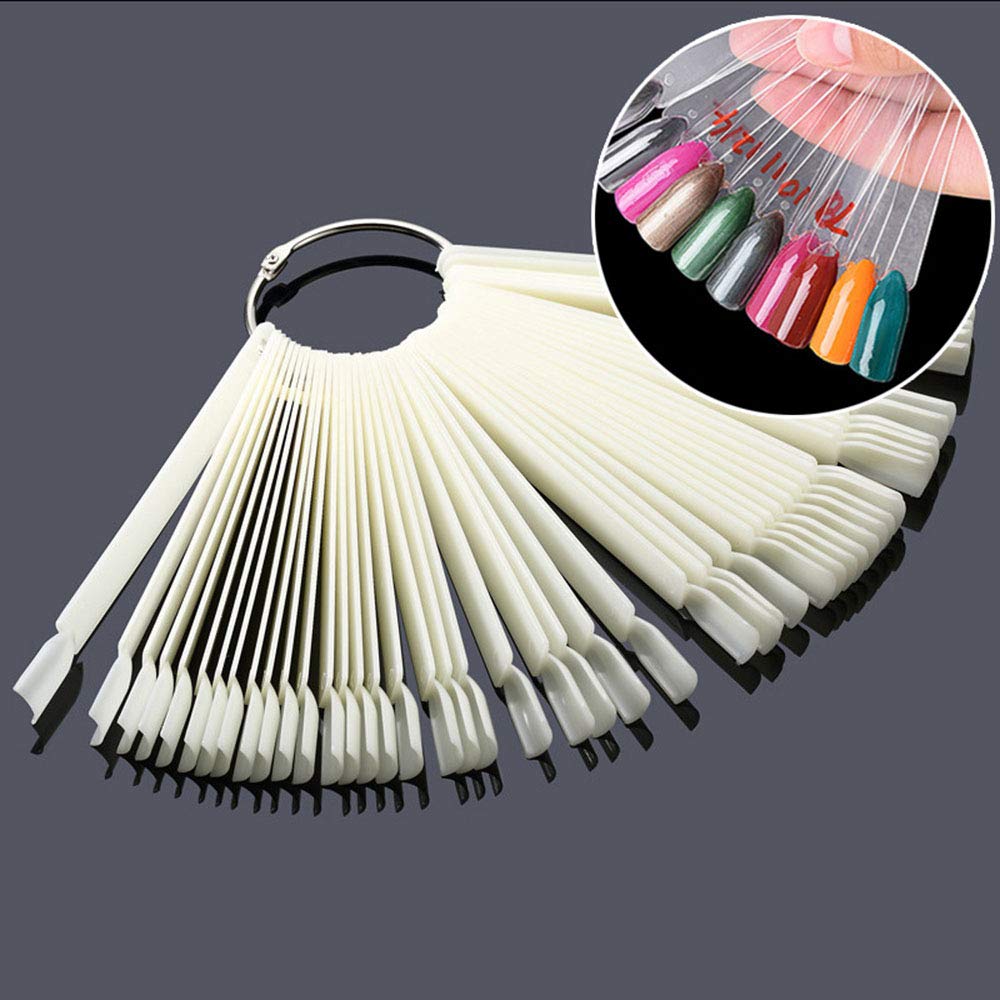 Onwon 100 Pieces Nail Art Polish Display Practice Stick with Metal Split Ring Holder - Fan Shape Finger Clipper Nail Art Tips Display Swatches Nail Polish Color Board Card Plates Practice Templates