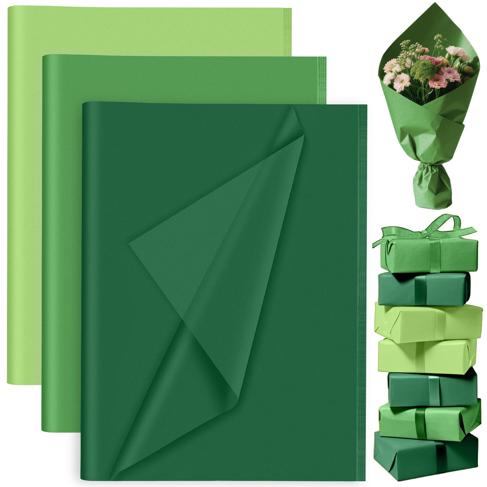 PLULON 60 Sheets Green Tissue Paper Bulk, Green Tissue Paper Sheets for Gift Bags for Saint Patrick's Day Gift Wrapping Birthday Wedding Holiday Flower