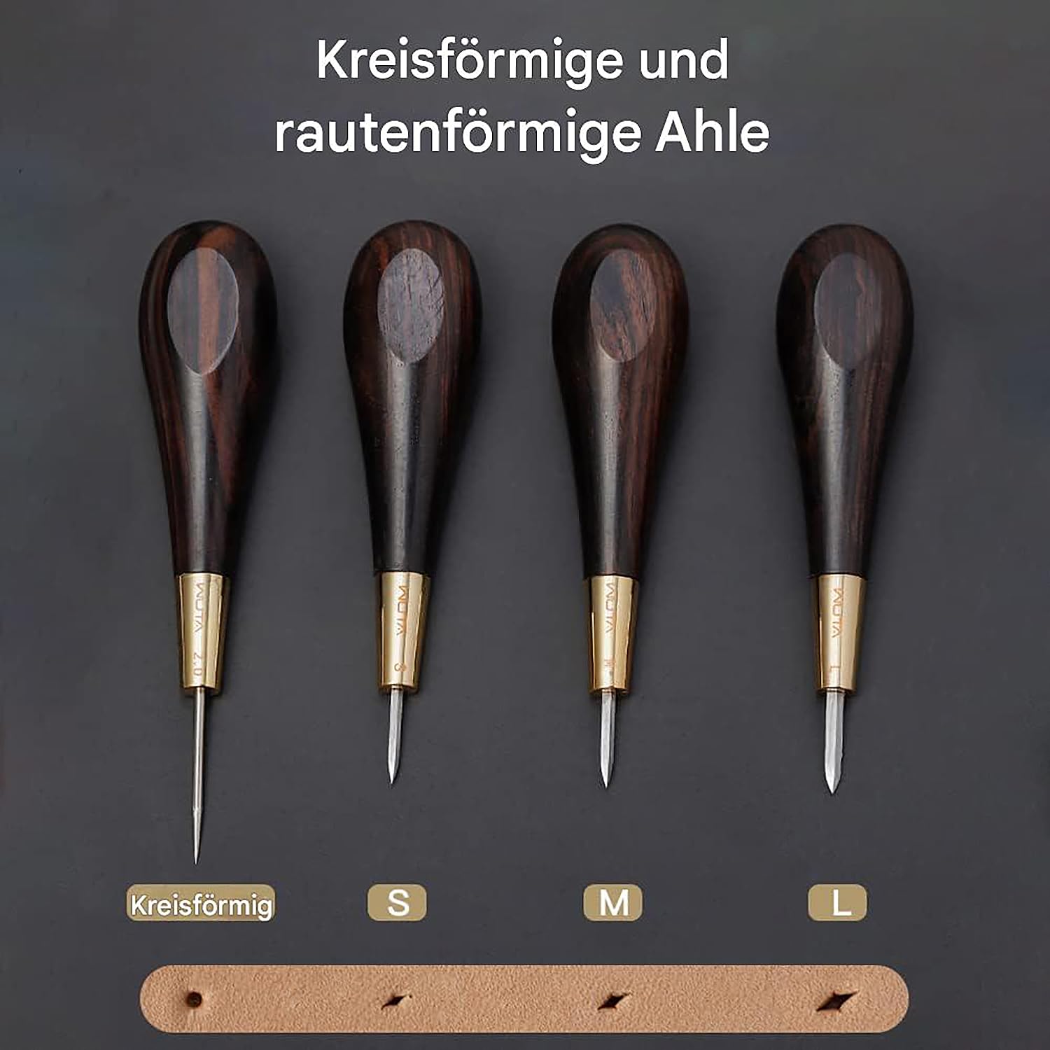 WUTA Leder Ahle Set mit Aufbewahrungsbox, Nähahle Vorstecher aus Messing mit Hartholz Griff, Locher Stanzen Werkzeug für DIY Lederarbeiten, Holzarbeiten, Schneiderarbeiten（S+M+L）