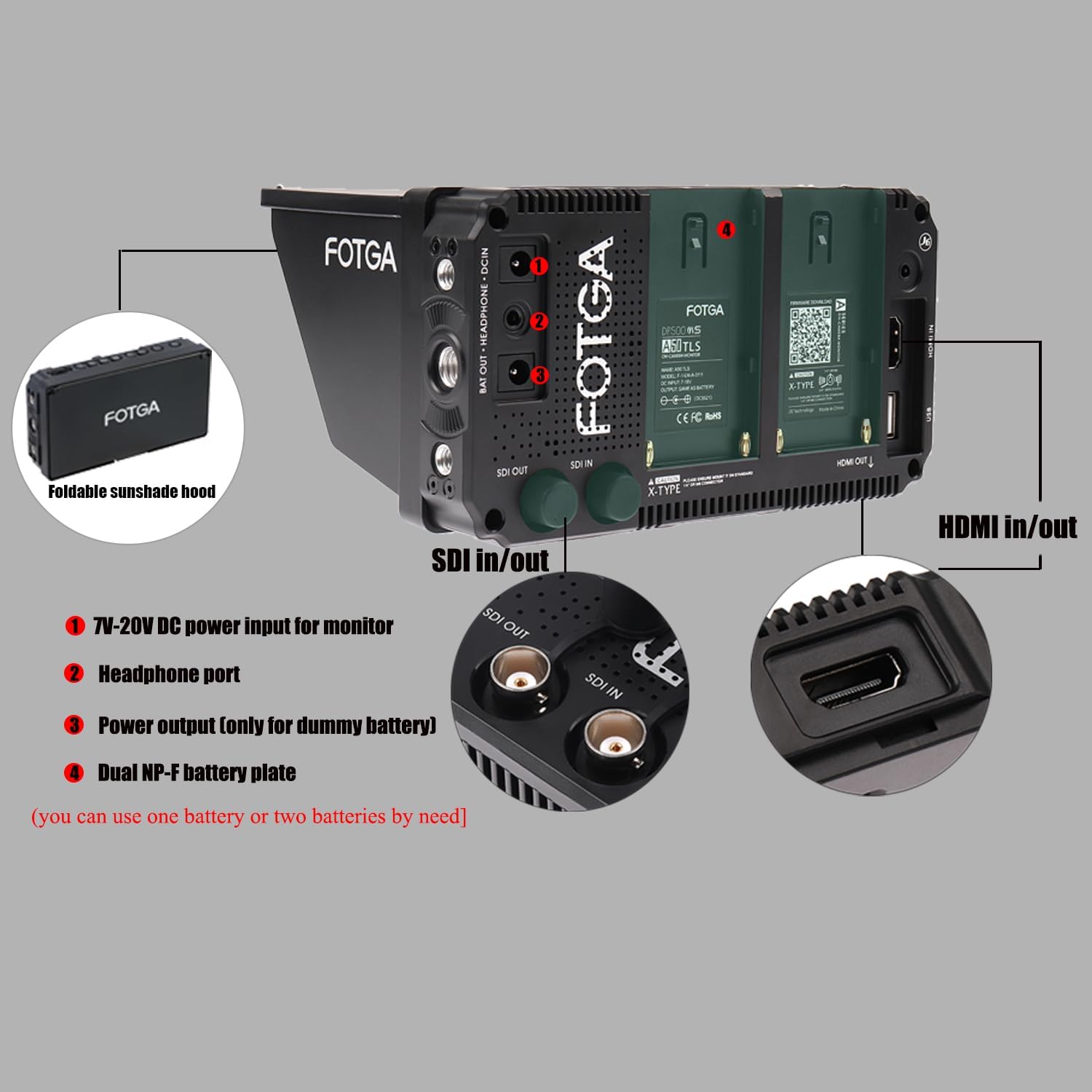 FOTGA A50TLS monitor with foldable sunshade hood attached