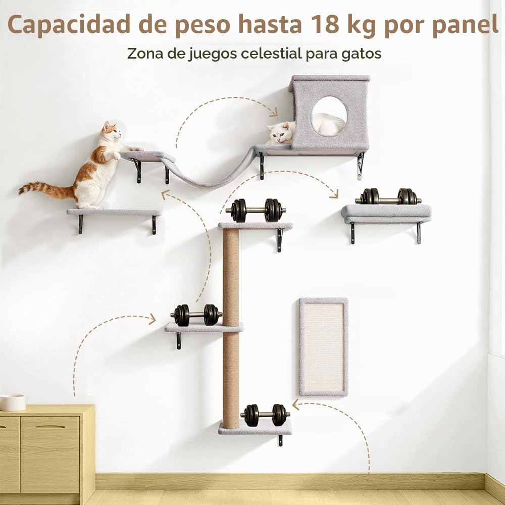 PawGiant Estantes 5 en 1 para Gatos, Juego de Muebles de Pared de Madera | Escalador de Gatitos con Poste Rascador de Árbol, Rascador, Puente Colgante y Descanso, Hasta 18 kg, Gris Claro