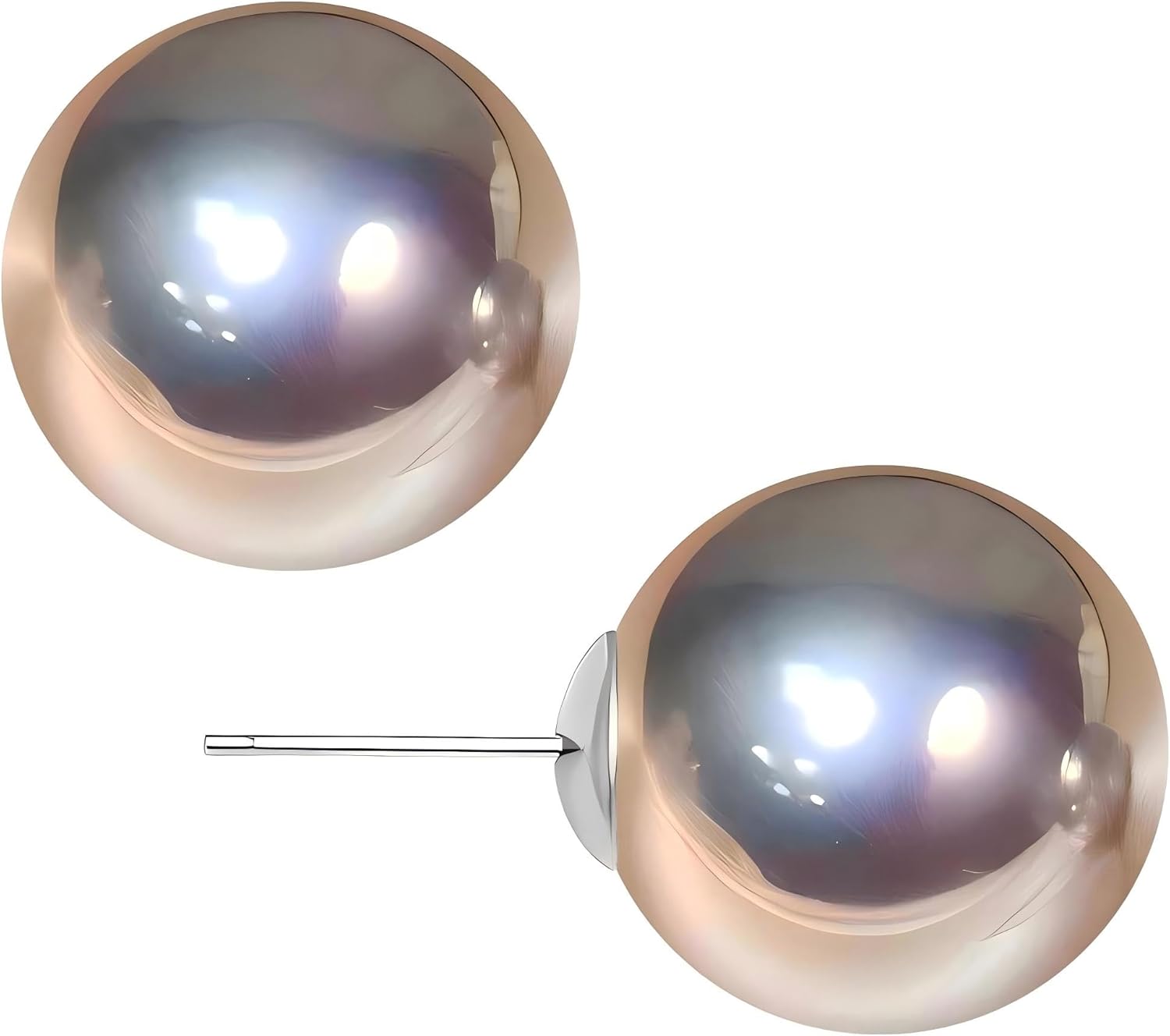 8, 10, 12mm Grey Tone of Silvery and Purple Pinkish Luster Faux Pearl S925 Silver Stud Earrings | Hypoallergenic Rich Radiance Round Pearl Minimalist Studs | Luxury Timeless Earrings for Ladies Daily Wear & Gift