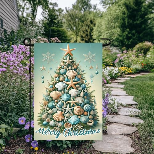 Image of BlissYard Christmas Seashell Tree Garden Flag 12x18 Inch Polyester