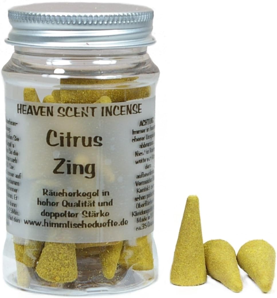 American quality Heaven Scent Citrus Zing incense cones in a perspex jar