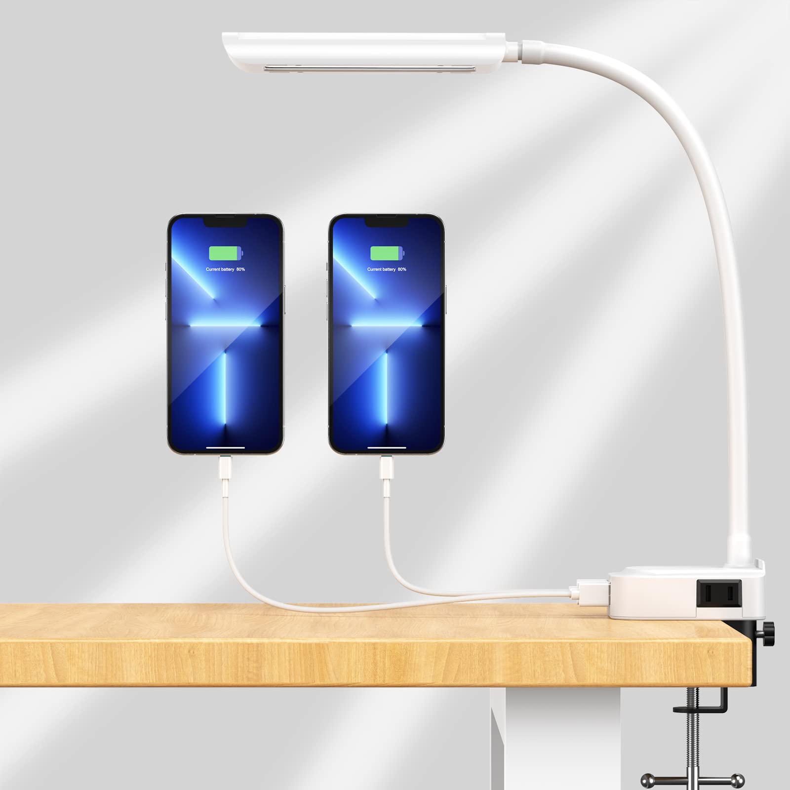 Brinity Desk lamp with USB Charging Ports, LED Reading Light with Clamp,2 USB Charger&2 Outlet,3000-6000K,3-Level Dimmable,Gooseneck Small Clip on Table Lamp for Home,Office,Book,Nail,Work,Dorm