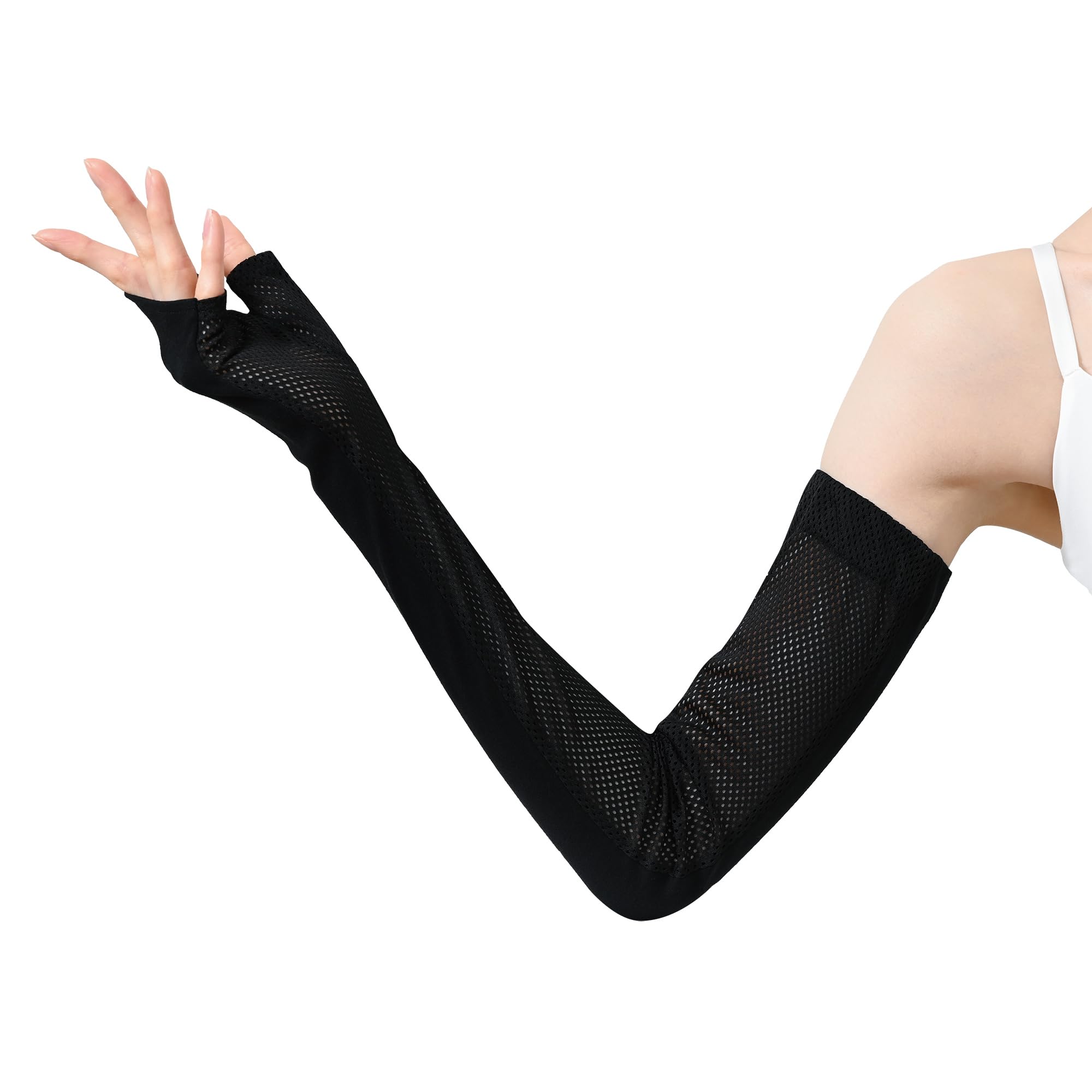 おたふく手袋(Otafuku Glove) 夏用アームカバー [コットン100% レディース用 指無し メッシュ ロング] UV-3451 ブラック フリーサイズ