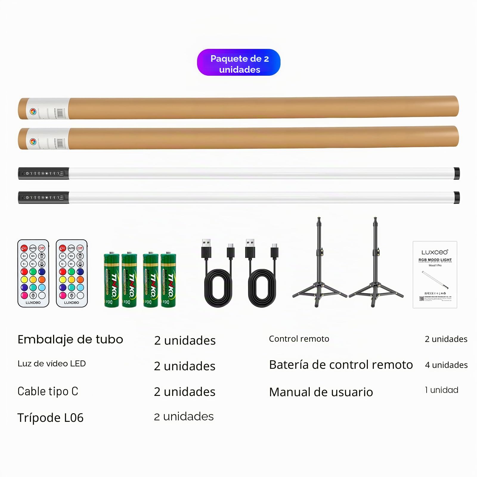 LUXCEO 2 unidades de 120 cm LED Vídeo Varilla de luz Mood1, LED de mano, regulable y memoria, batería integrada, lámpara de fotos RGB para YouTube, TikTok, transmisión de juegos, barra de fiesta