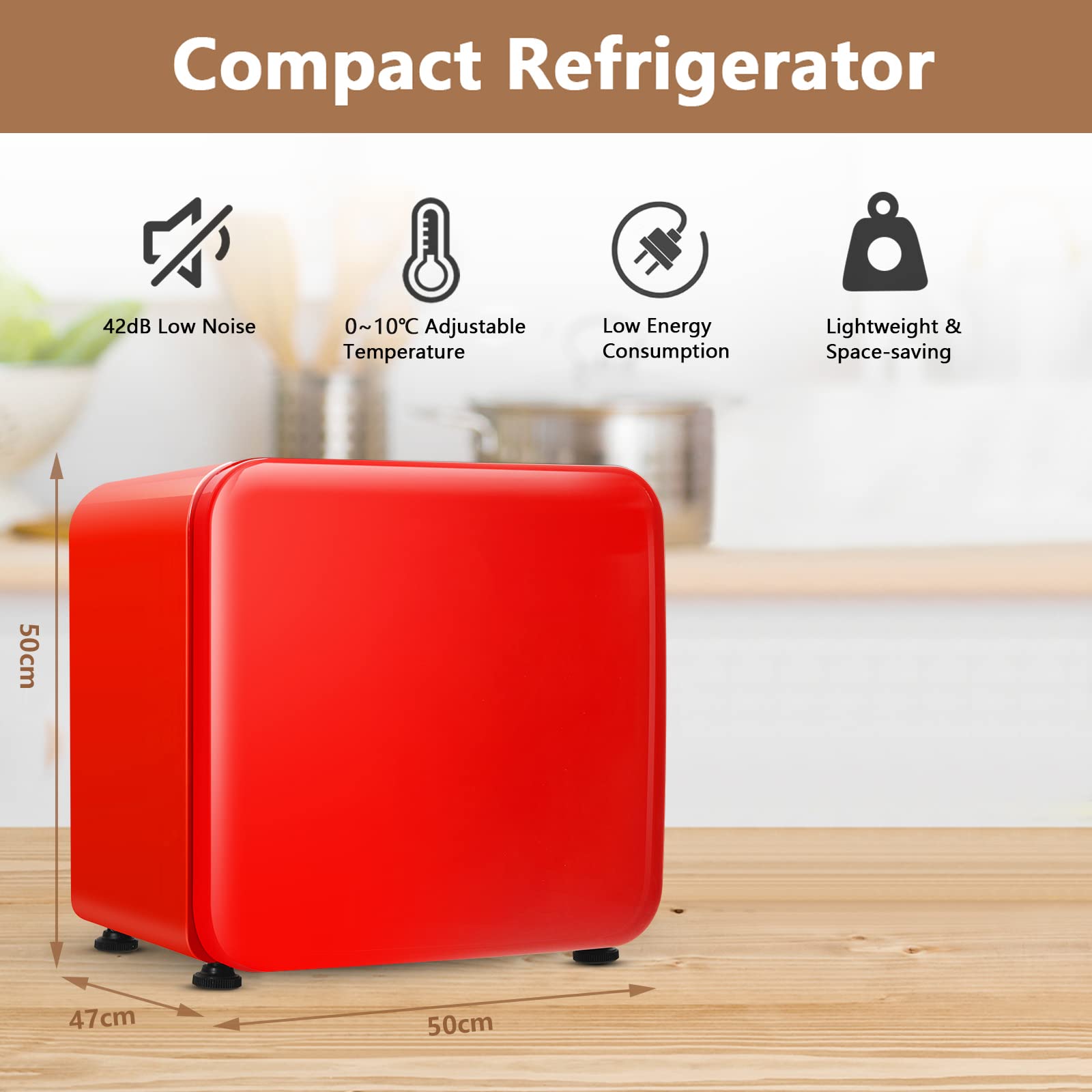 COSTWAY Mini Fridge, 42L/68L Compact Table Top Refrigerator with LED Light, Adjustable Thermostat, Reversible Door and Removable Glass Shelf, Home Dorm Drinks Wine Refrigerator (42L, Red) — view 7
