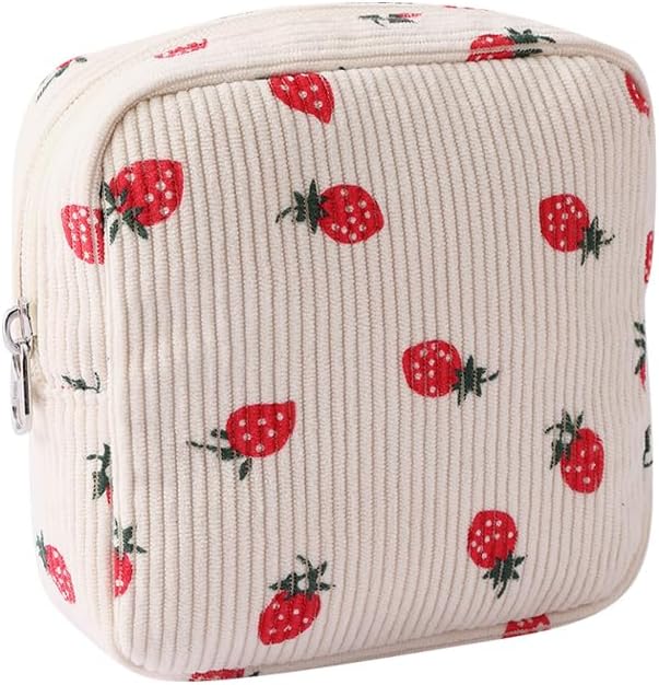 Strawberry Print Period Bag Portable Napkin Storage Bag Cute Sanitary Pouch Period Holder Bag Menstrual Cup Pouch Small Nursing Pad Holder Tampons Pouch with Zipper for Women Girls