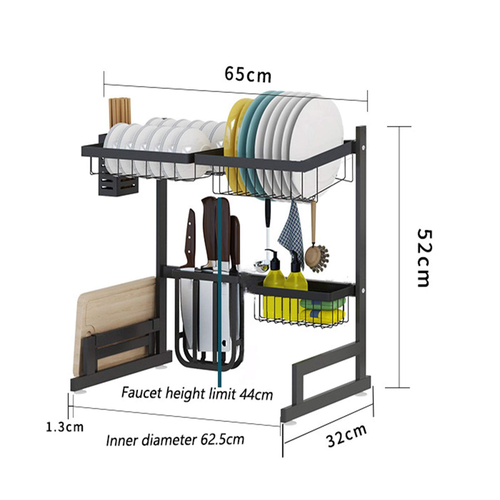 Scolapiatti su 2 Livelli, Sgocciolatoio in Acciaio Compatto & Robusto, Salvaspazio, 65x32x52 Cm, Nero, Inox, 85 X 32 X52 Cm
