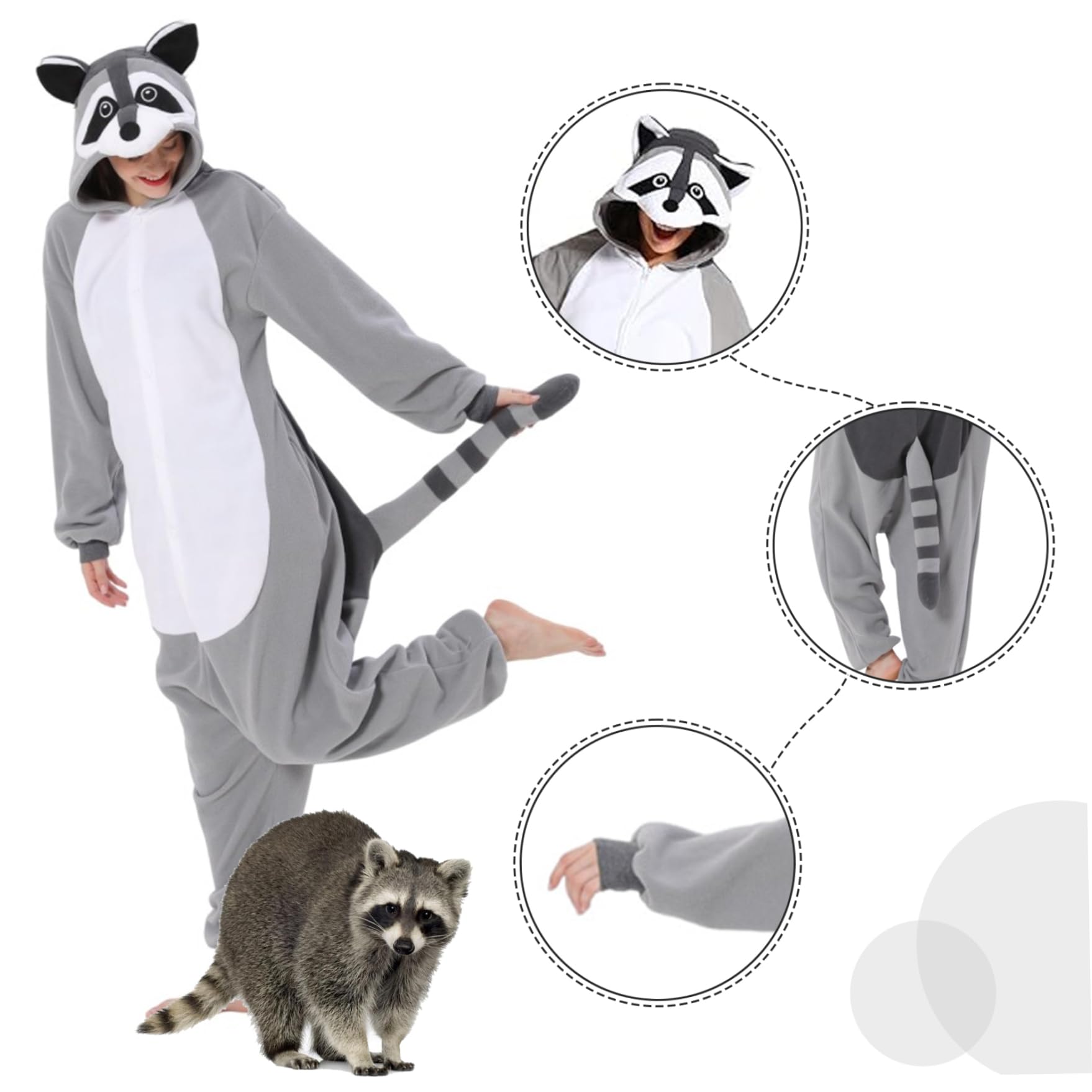 Mono de Mapache para Adulto Pijama de Mapache con Capucha y Cola Mono de Animal de Forro Polar con Cierre de botón Disfraz Lindo y térmico para Navidad, Halloween.