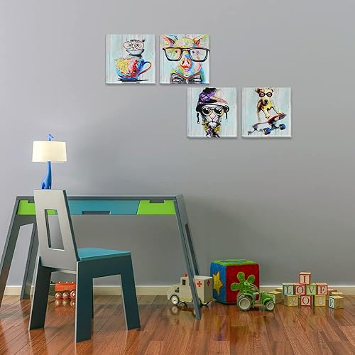 Miniatura 4 de Arte de pared de animales de dibujos animados con imágenes de vidrio, lienzo colorido de perro, cerdo, gato, pintura, obra de arte para niños y