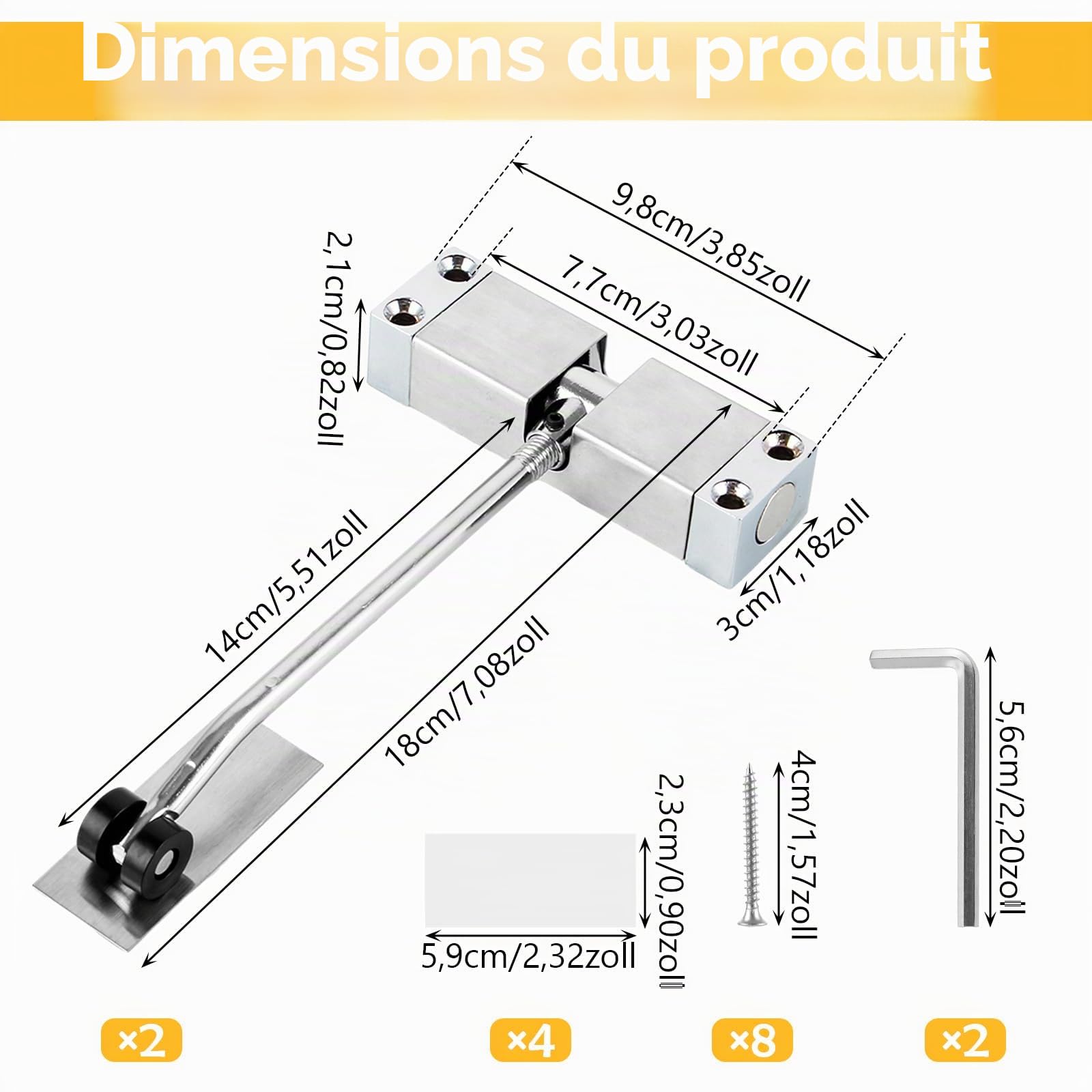 Lot de 2 Ferme Porte Automatique Alliage d'aluminium, 20-40KG Groom Fermeture Porte avec Ressort Réglable pour La Maison, Le Bureau, La Chambre