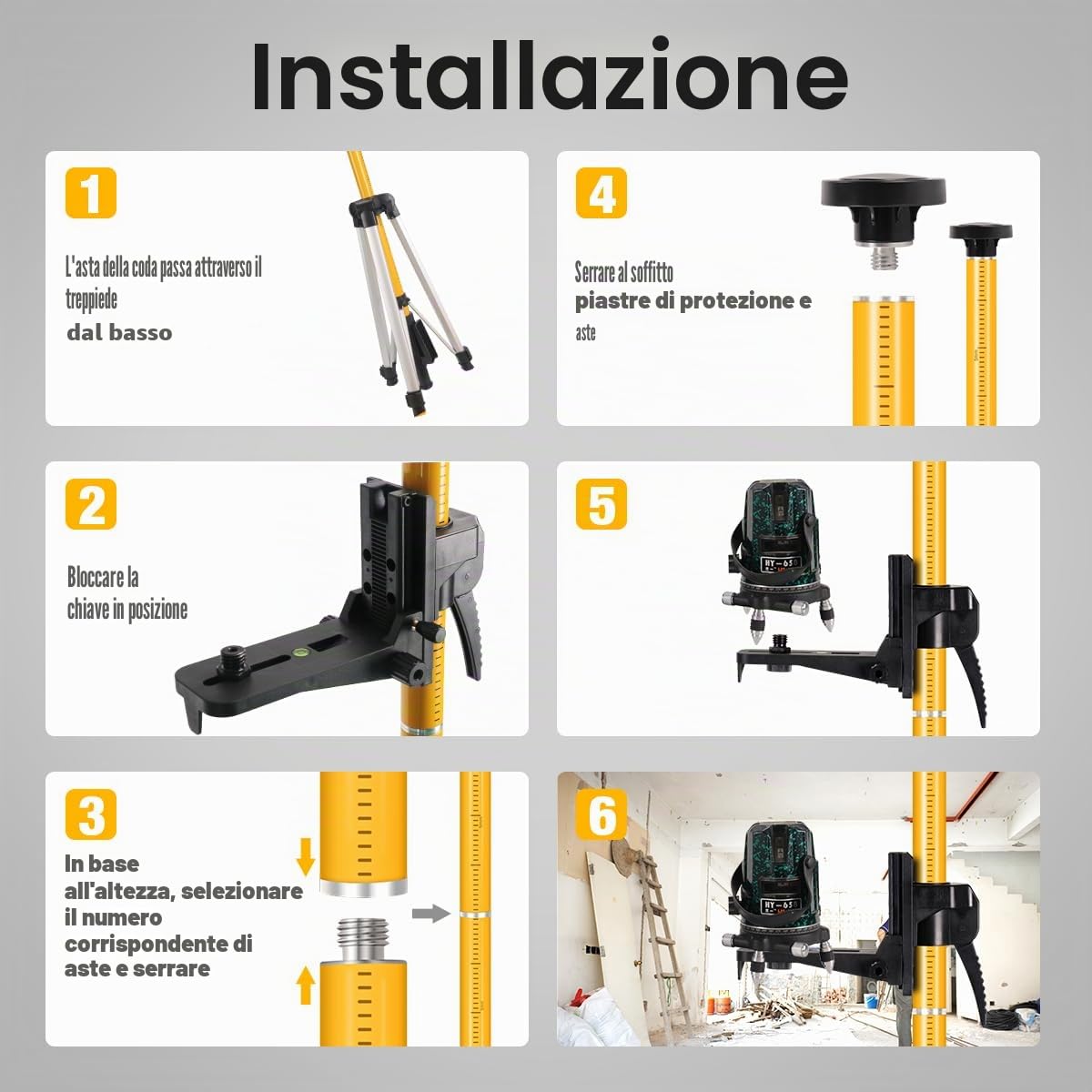 Asta per Livella Laser, Asta Telescopica da 4,8M con Treppiede, Asta di Supporto per Livella Laser per Livelle Laser Rotative e Laser a Linea, Filettatura 1/4"-20, Adattatore 5/8"-11