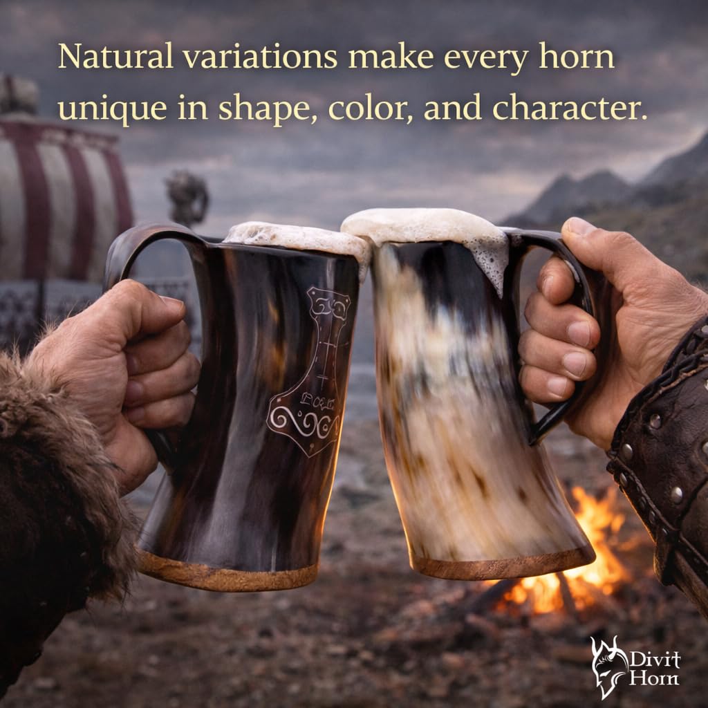 Chope à boire de style Viking Divit | Authentique chope en corne de bière médiévale | Capacité de 700 mL (24 oz) | Coupe en corne de la plus haute qualité (Originale, Polie)