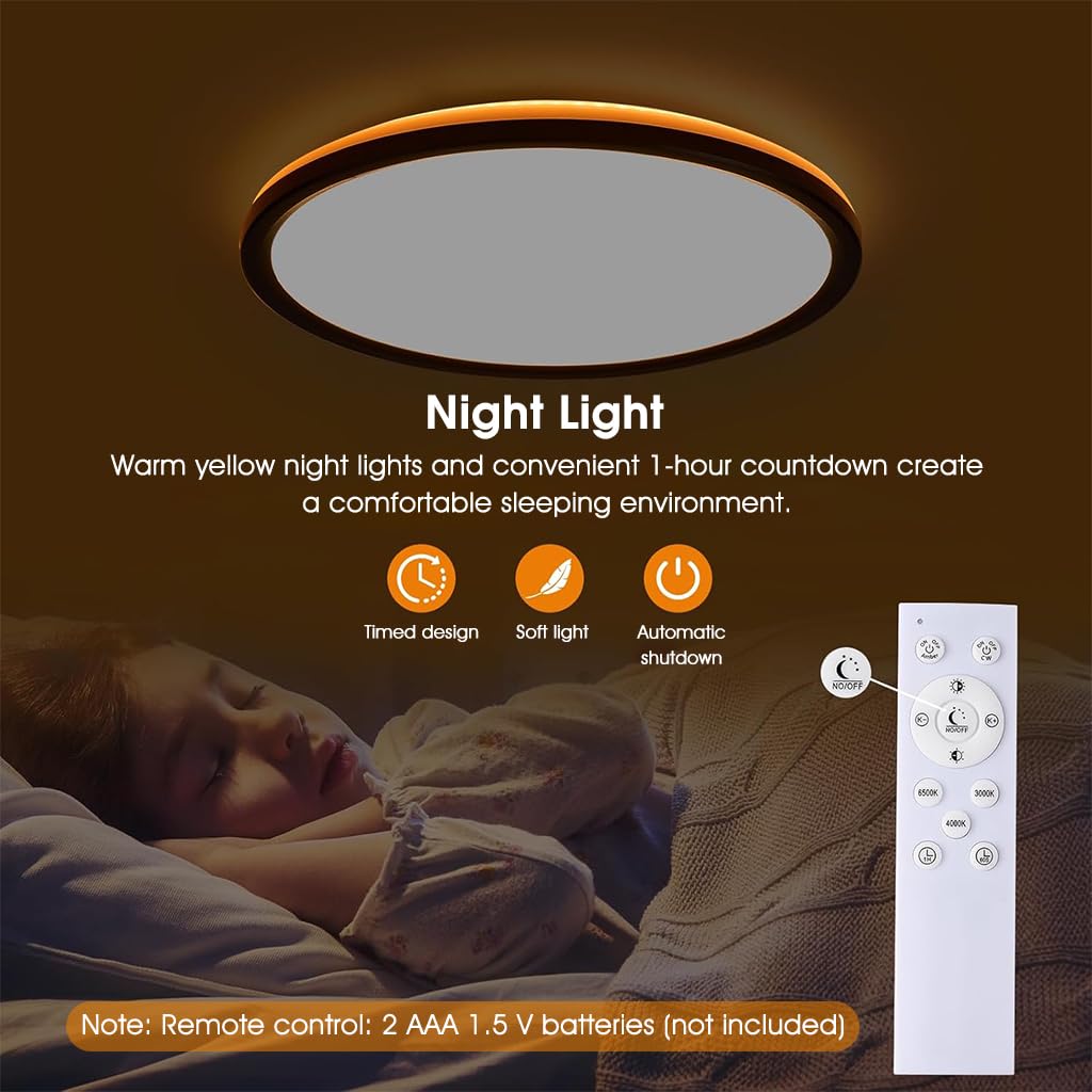 ELEPHANTBOAT plastic 12" Dimmable LED Ceiling Light with Remote Control, 24 W 3-Color Ceiling Light with Dim Night Light 1800k Warm, Round Flush LED Ceiling Lights (Black) 3