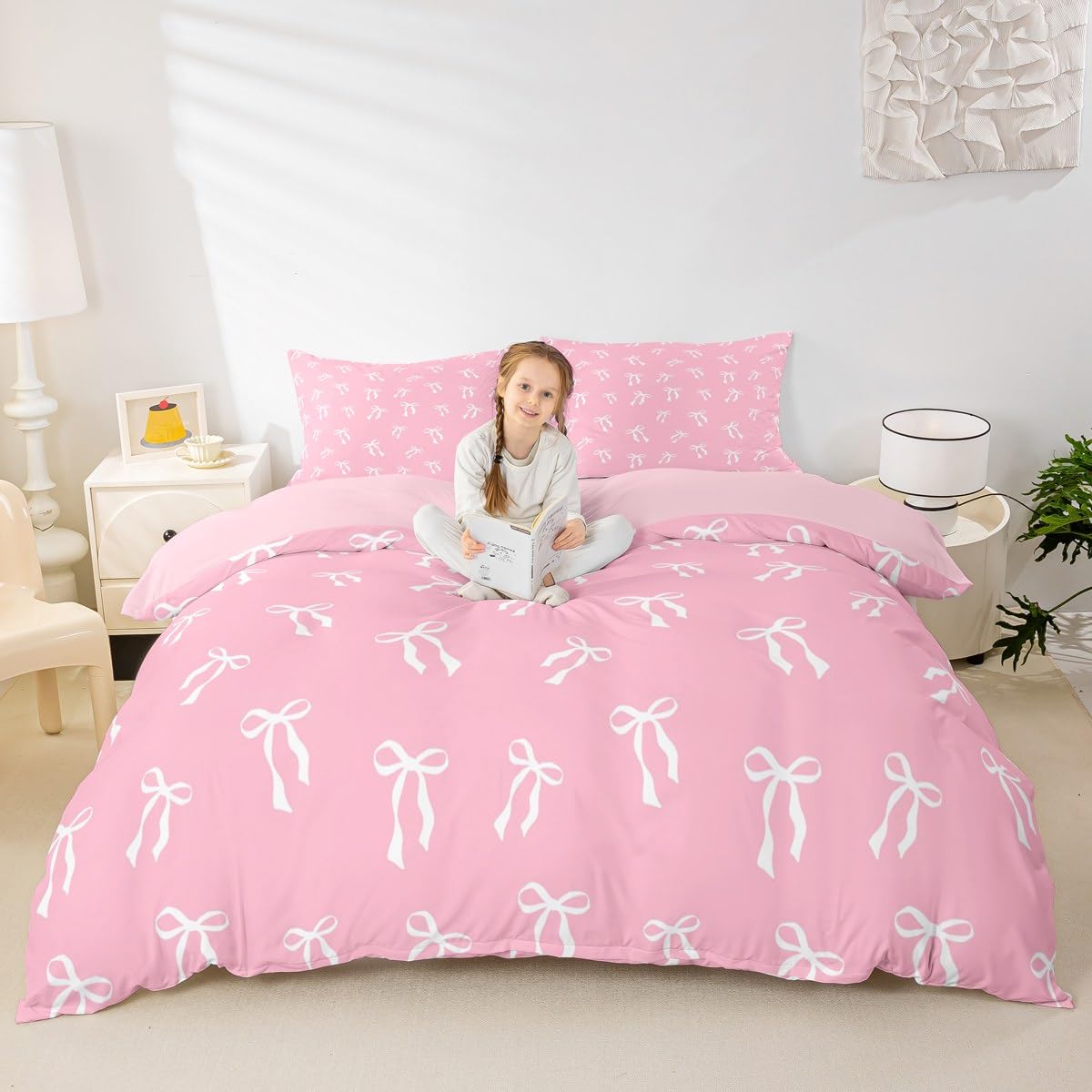 Homewish Cartoon Bow Knot Bed Set for Girls Adults White Romantic Bow Duvet Cover Cot Pink Princess Bedding Set Fantasy Bowknots Quilt Cover Simple Aesthetic Decor