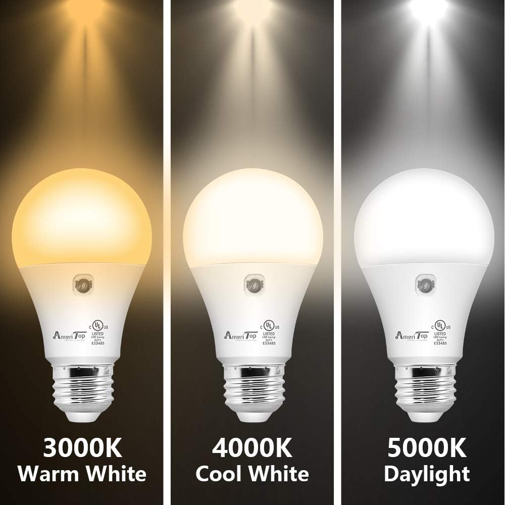 AmeriTop Dusk to Dawn Light Bulb- 2 Pack, A19 LED Sensor Light Bulbs; UL Listed, Automatic On/Off, 800 Lumen, 10W(60 Watt Equivalent), E26 Base, Indoor/Outdoor Lighting Bulb (3000K Warm White)