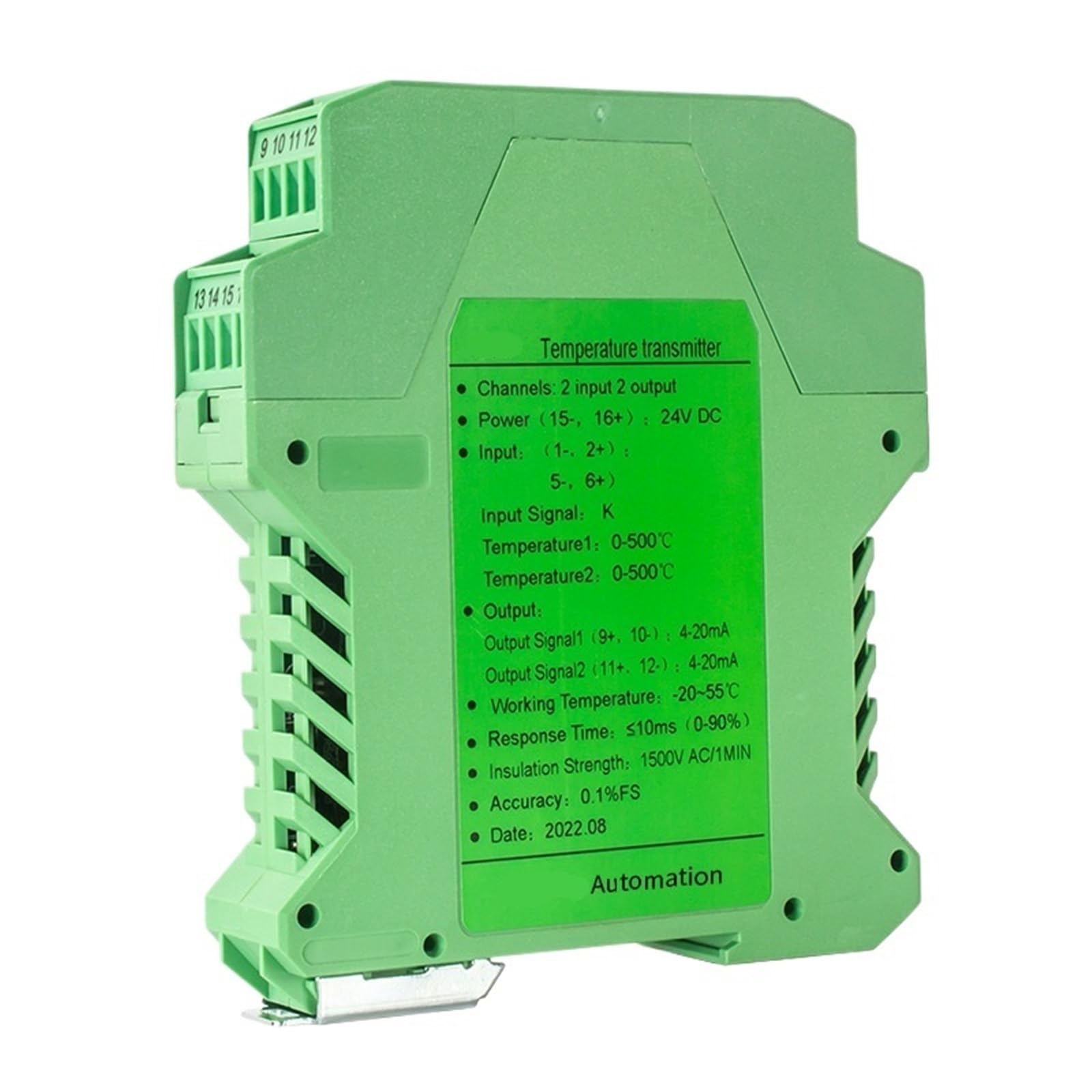Trasmettitore di temperatura da 0 a 600 °C e da 0 a 1300 °C (1 ingresso, 1 uscita), da 0 a 600 °C a 4 a 20 mA, da 0 a 10 V, 0 a 5 V, RS485 K, convertitore di segnale termocoppia DC24 V. (1 input 1,0