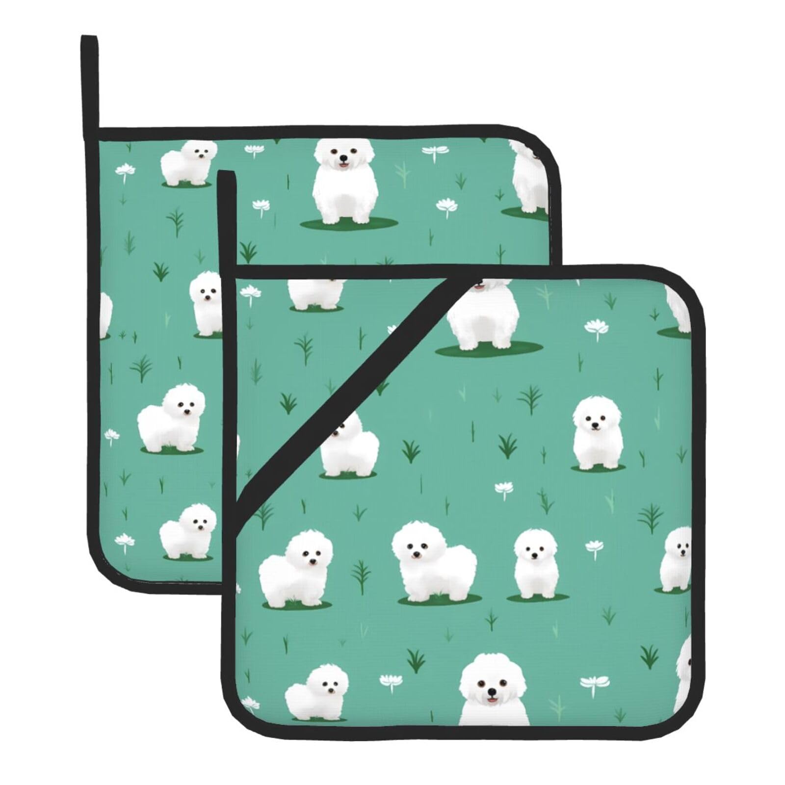 HJFCZH Bichon On The Grass Printed Square Insulated Pot Mat Set (2-Piece) 8x8in Waterproof, Thickened & Easy to Clean with Lanyard Design for Kitchen, Oven & BBQ