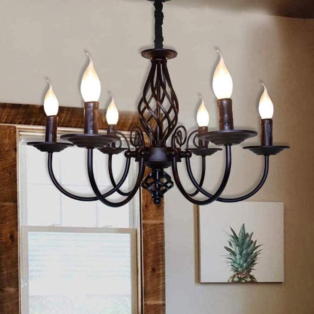 Antik Schwarz Kronleuchter Kerze Pendelleuchte Industriestil Eisen Esszimmer Lichter Höhenverstellbar E14 Schmiedeeisen Retro Hängelampe Landhausstil Wohnzimmer Schlafzimmer Pendellampe, 6-Flammig