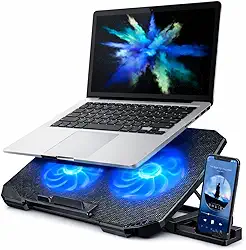 Suporte para Notebook Base Ergonômica Silencioso LED Azul 8 Níveis de Altura Refrigerada com 2 Coolers Potentes e com Suporte de Celular Integrado Premium