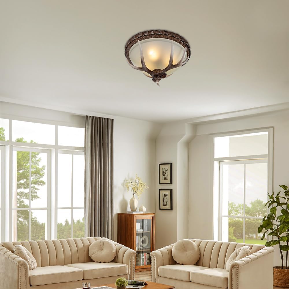 Rustic Deer Antler Ceiling Lights with 3 E26 Base, Retro Country Style Ceiling Lamp Farmhouse Ceiling Light Fixture for Bar, Cafe Living Room (Without Bulb)