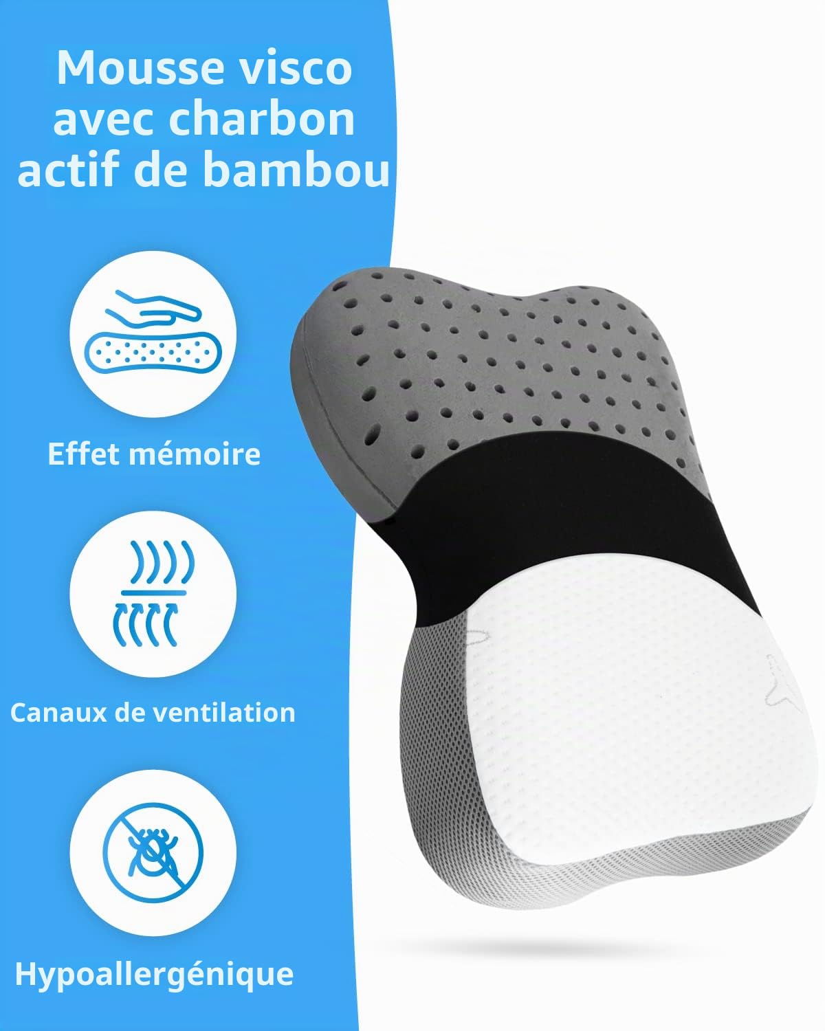 Third of Life Oreiller Cervical Re-Charge Intense, Coussin Ergonomique à mémoire de Forme avec Charbon de Bambou, Oreiller Haut de Gamme avec Technologie innovante pour Un Sommeil Plus Profond, 50x30