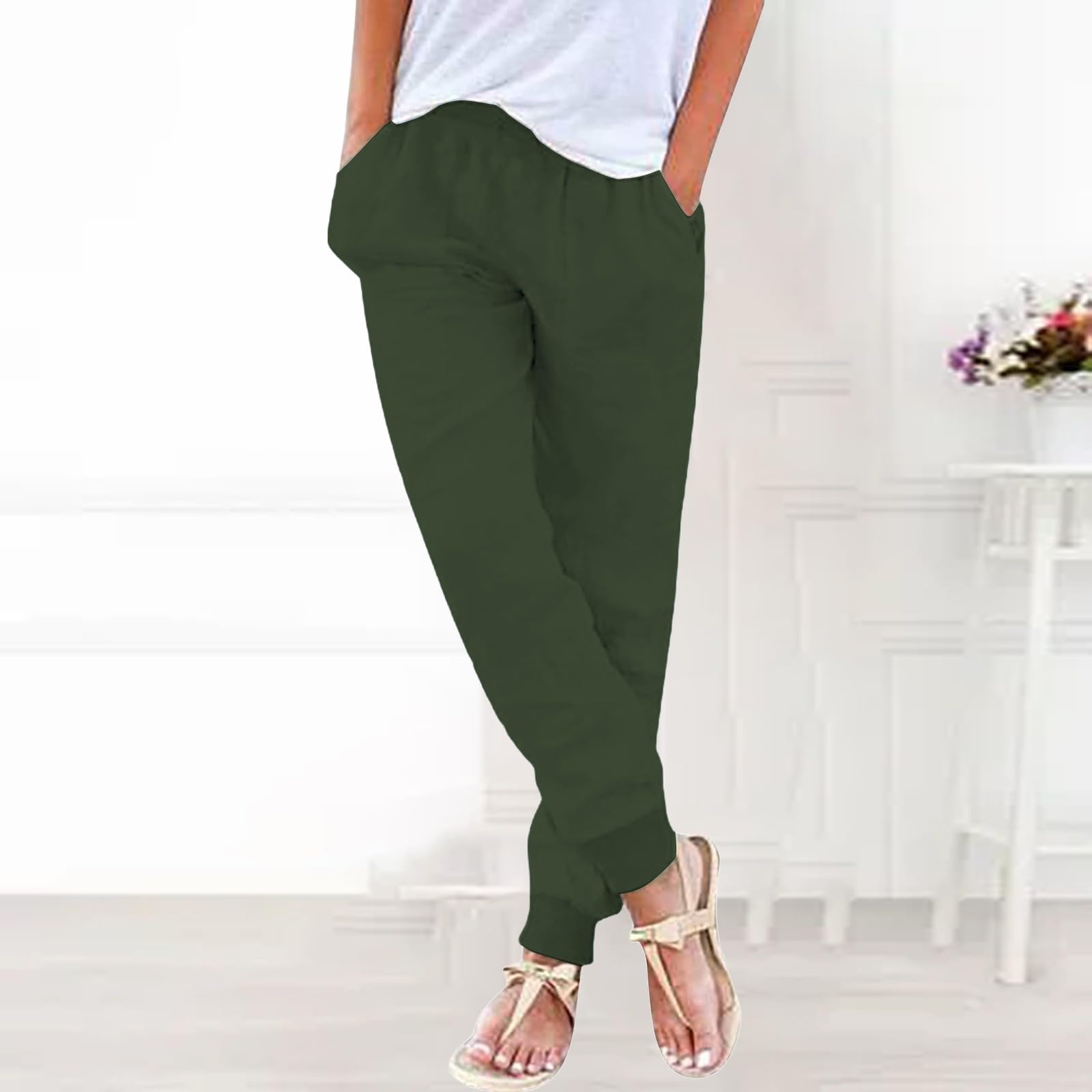 Leichte Hosen Damen Sommer Knielang Chino Damen Hose Casual Elegant LäSsige Hoher Durchgummierter Bund Knielange Jogger-Hose Ohne Kordelzug Einfarbig Mit Taschen Baumwolle Für Urlaub