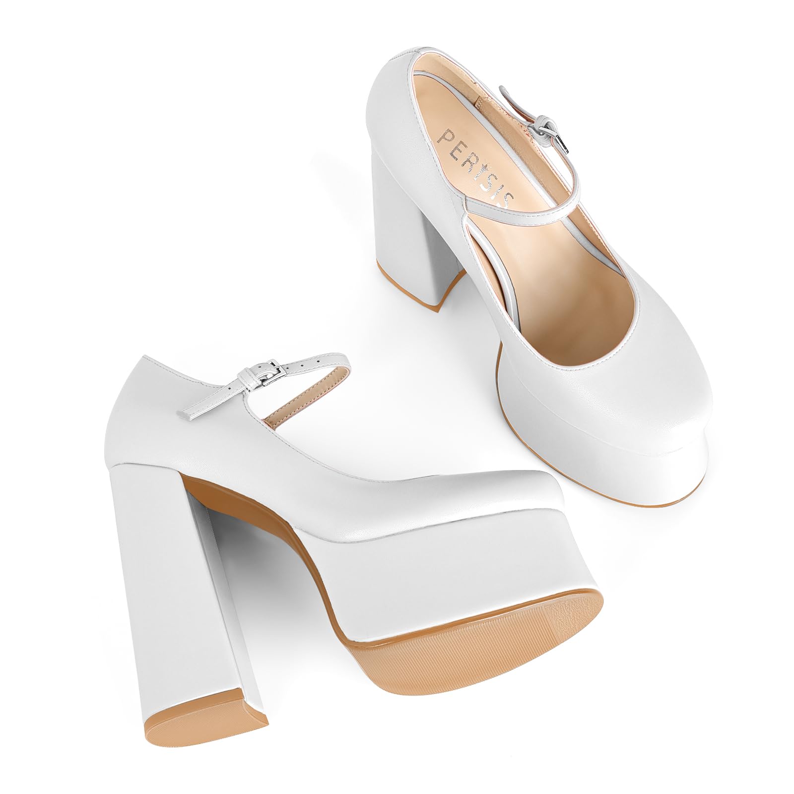 Perisis Women's Dressy Platform Chunky High Heels Patent Leather Ankle Strap Closed Toe Heeled Mary Jane Pumps Shoes