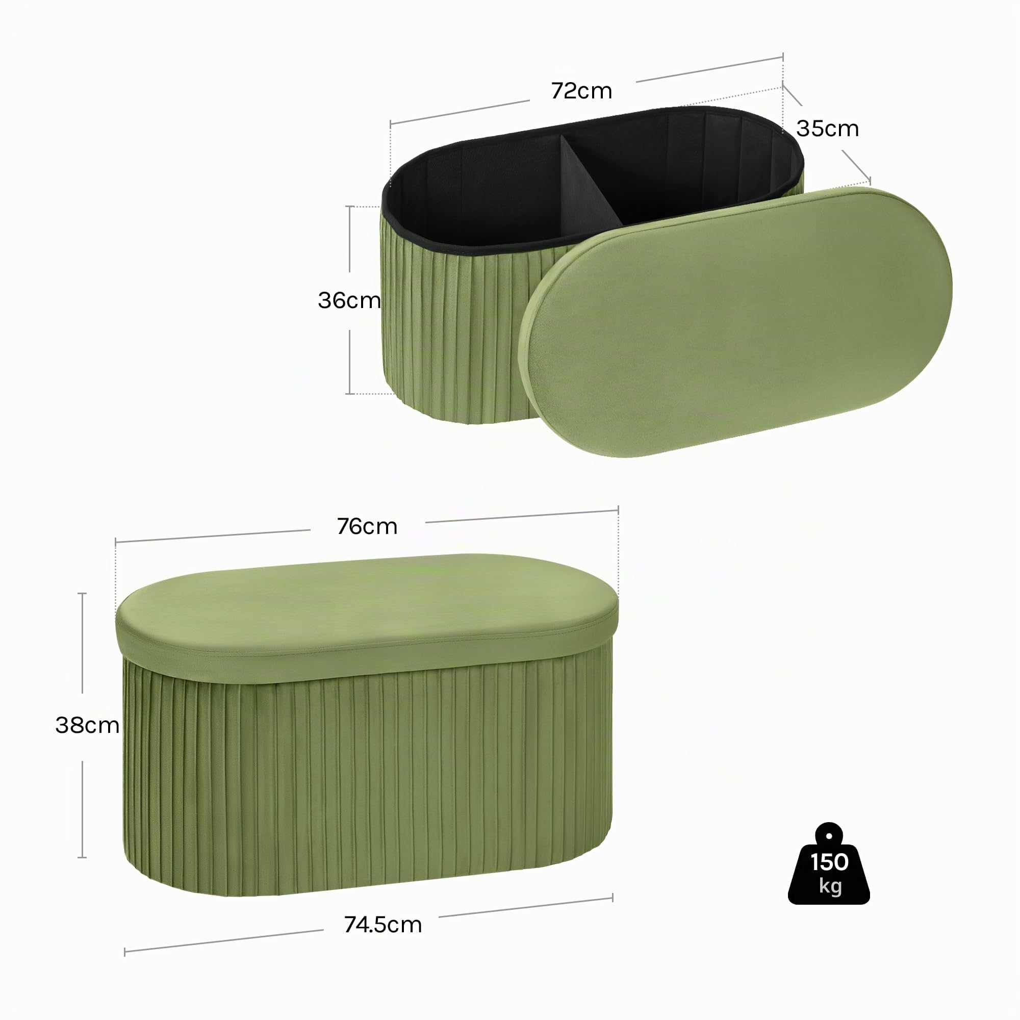 WOLTU Baul Almacenamiento Dormitorio, Baúl Puff Plegable, Banco Almacenaje de 76L, Banqueta Otomano Salon, Reposapiés Sofá, 76x38x38 cm, Verde