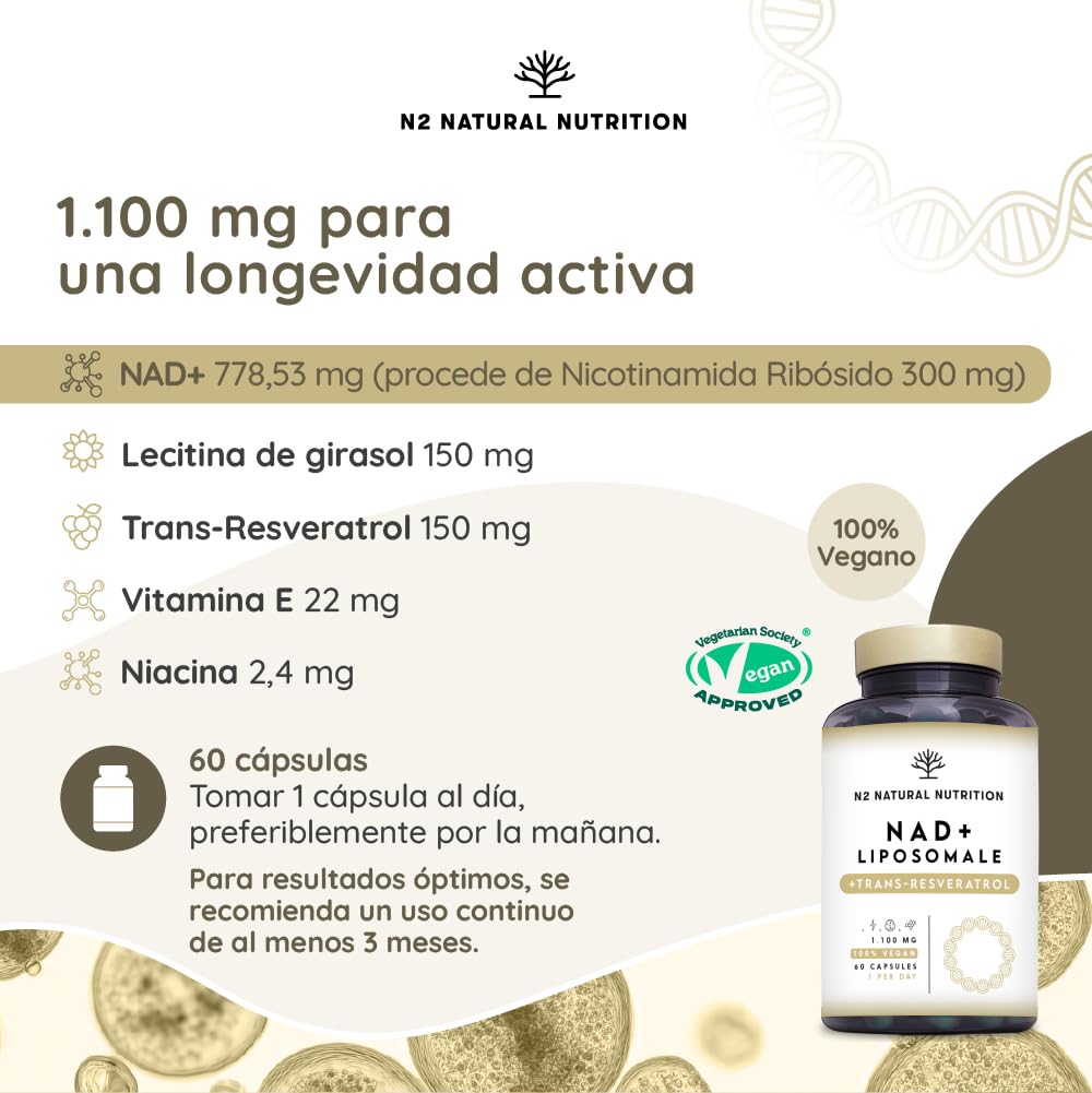 NAD Resveratrol 1100 mg. Fórmula Liposomal con Nicotinamide Riboside, Niacina y Vitamina E, Antiedad, Bienestar Cognitivo, Vitalidad y Salud Celular. N2 Natural Nutrition