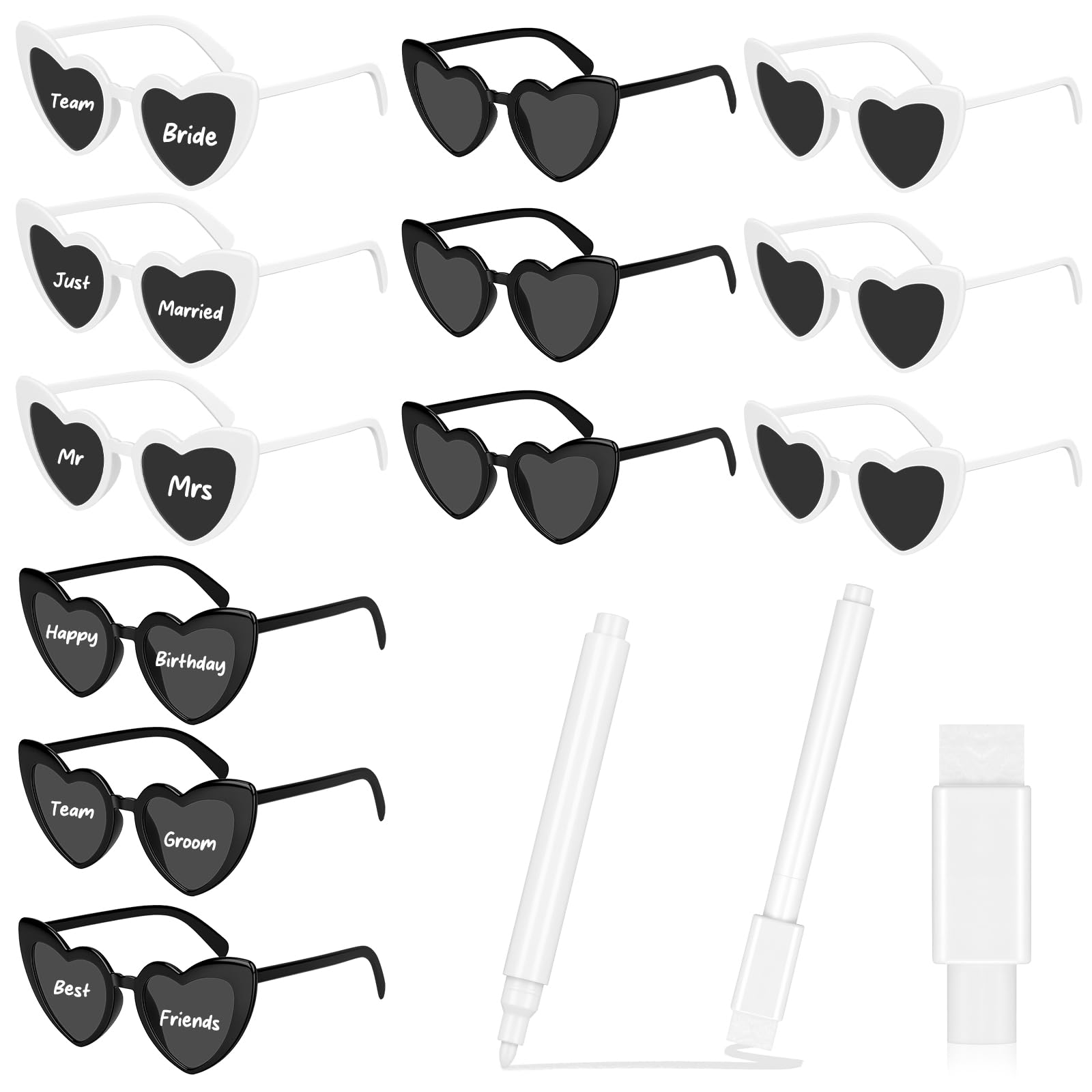 SelfTek Heart Party Glasses, Heart Glasses Heart Shape Glasses, Hen Party Glasses, Hippie Glasses, Heart Glasses for Party, Wedding, Carnival (Pack of 12, White & Black) — image 1