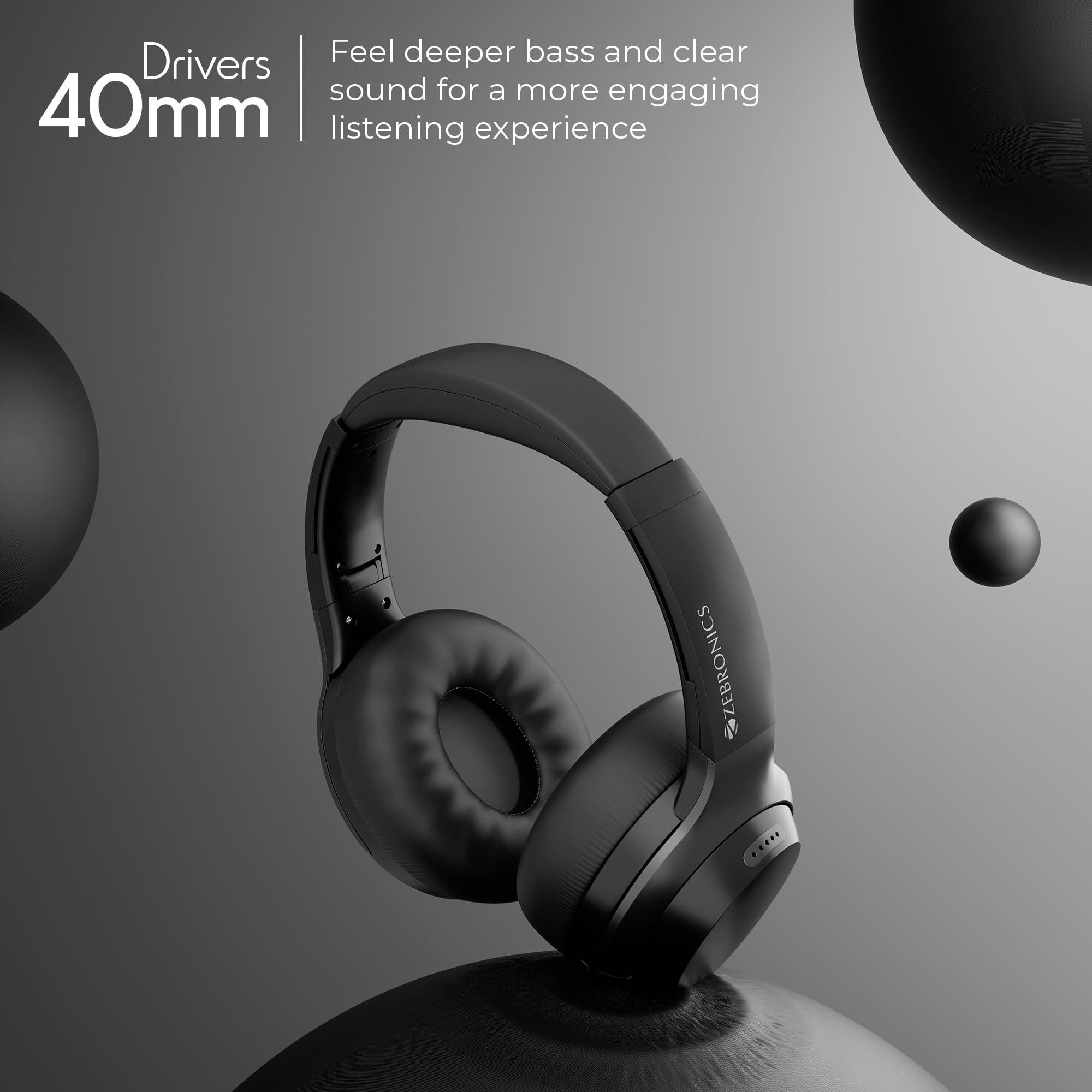 ZEBRONICS Duke Plus (2026 Upgrade) Wireless Headphones, BT v5.4, Upto 70hrs Playback, 40mm Drivers, Gaming Mode, ENC, Dual Pairing, Rapid Charge, AUX, 3 EQ Modes (Black) — Amazon image 2