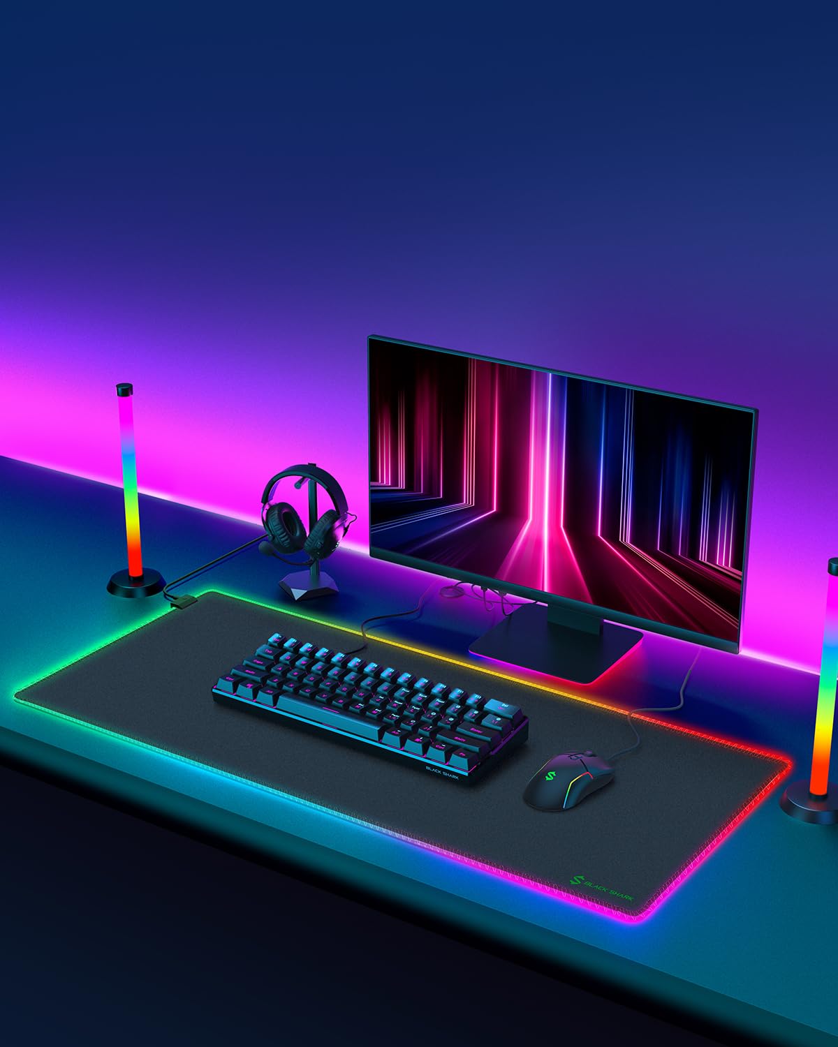 Black Shark Tappetino per mouse RGB 89,9 x 40 x 0,4 cm, esteso con superficie liscia e 11 effetti di luce, tappetino da scrivania con bordi cuciti anti-sfilacciamento e base in gomma antiscivolo