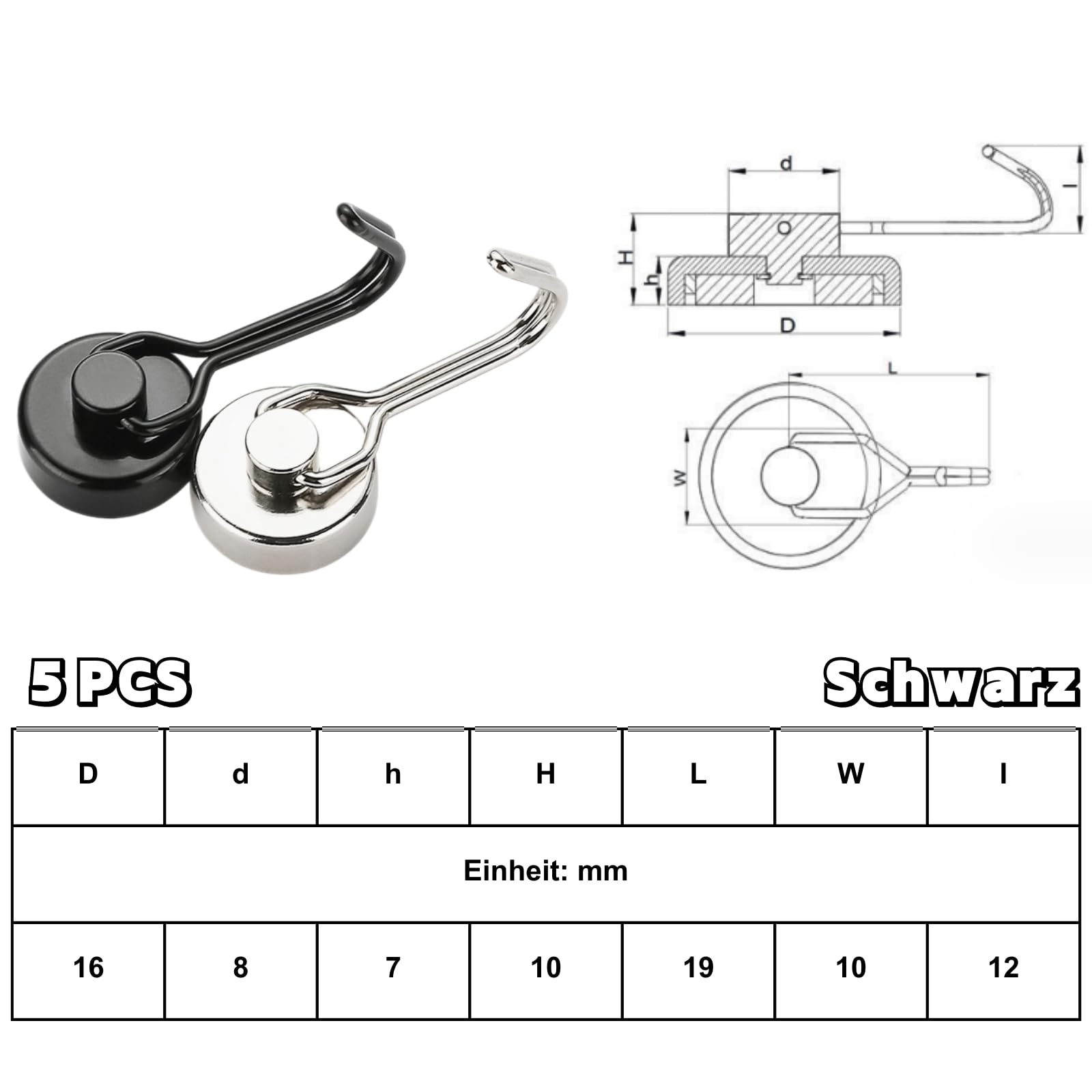 Ronoza 5 sztuk haczyków magnetycznych, bardzo mocne, magnesy neodymowe, 16 mm, magnetyczne haczyki, maks. nośność 15 kg, nadają się do grilla, kuchni, gadżetów, szafek, biura, lodówki (czarne)