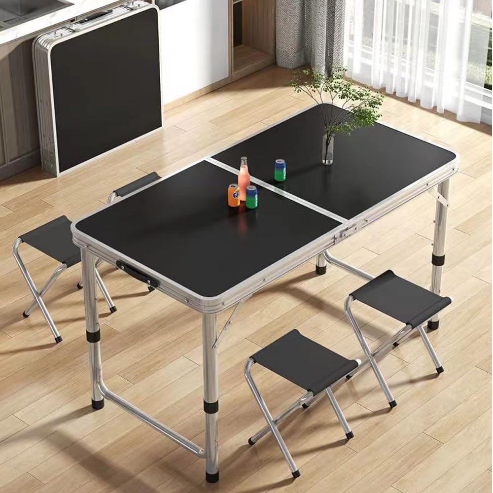 Hbluefat Folding Picnic Table with 4 Seats, Height Adjustable Table with Chairs Set, Aluminium Alloy Portable Desk Bench for Indoor Outdoor Travel, Camping Party BBQ (Grey)