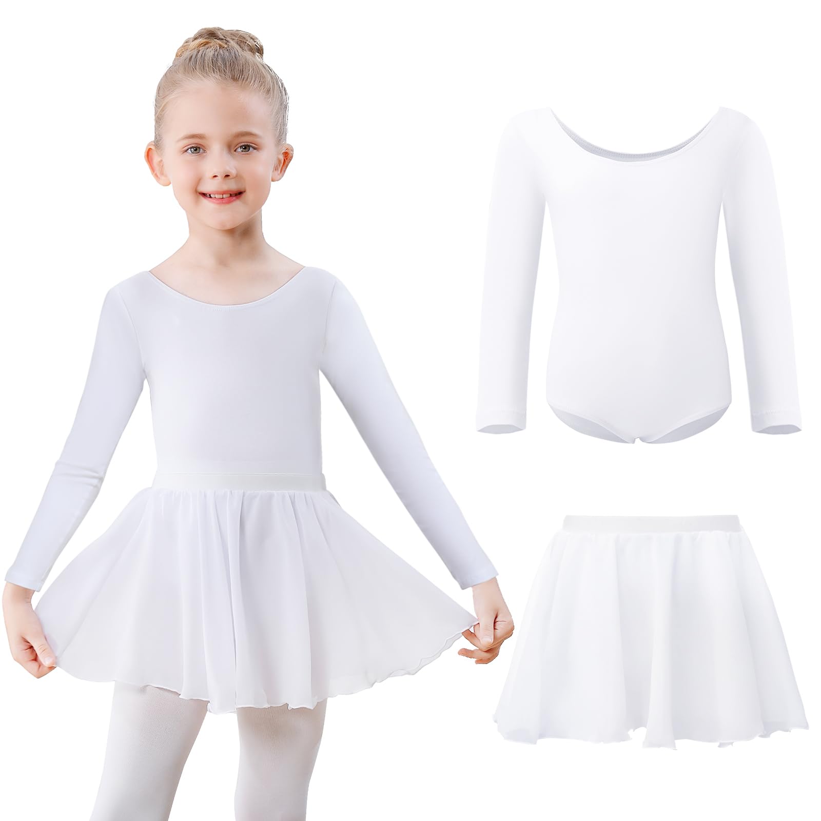 Ballettkleidung Mädchen Ballettkleid Langarm Ballettanzug Kinder Balletttrikot Tanzkleid Baumwolle Tanzbody mit Ballettrock Tütü Ballerina Kleid 3-11 Jahre