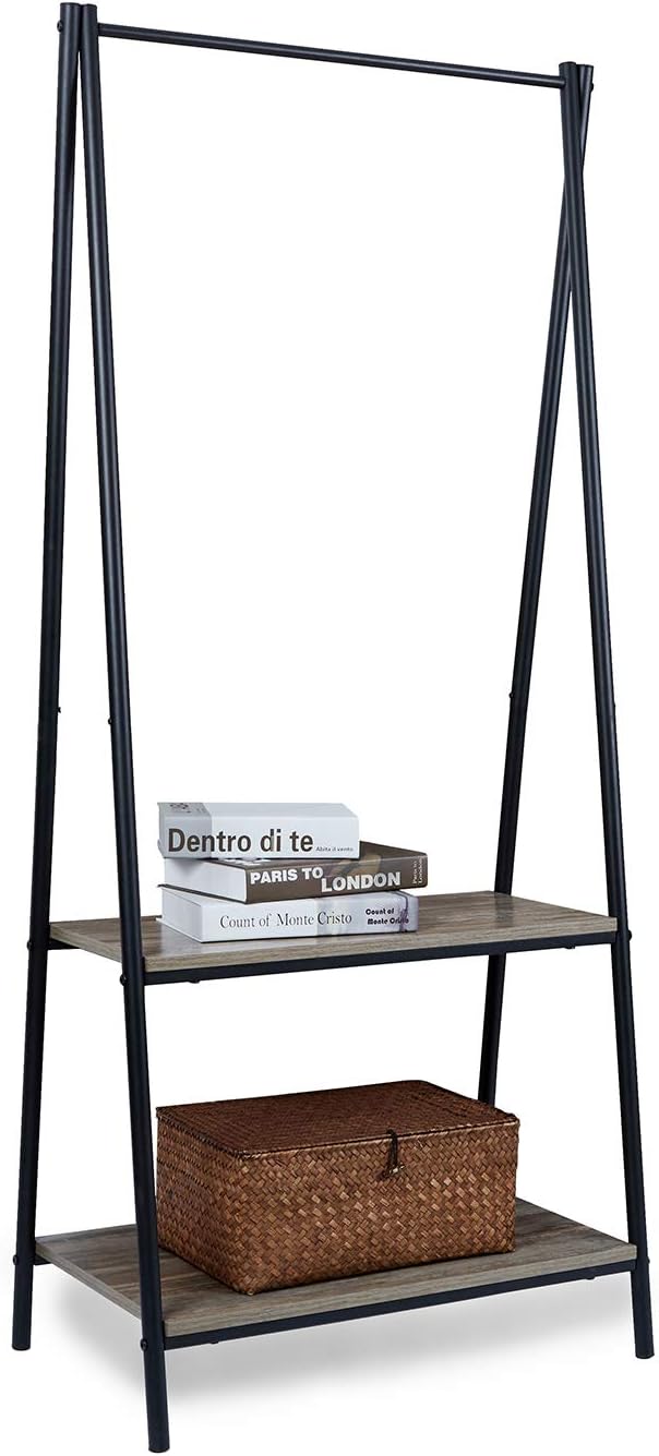 Suhu Vintage Clothes Hanging Rail Industrial Stand Coat Rack with Shoe Storage Metal Garment Rack Wooden Clothing Standing Shelf with Two Tier Shelving Unit for Bedroom Entryway Hallway Black Steel