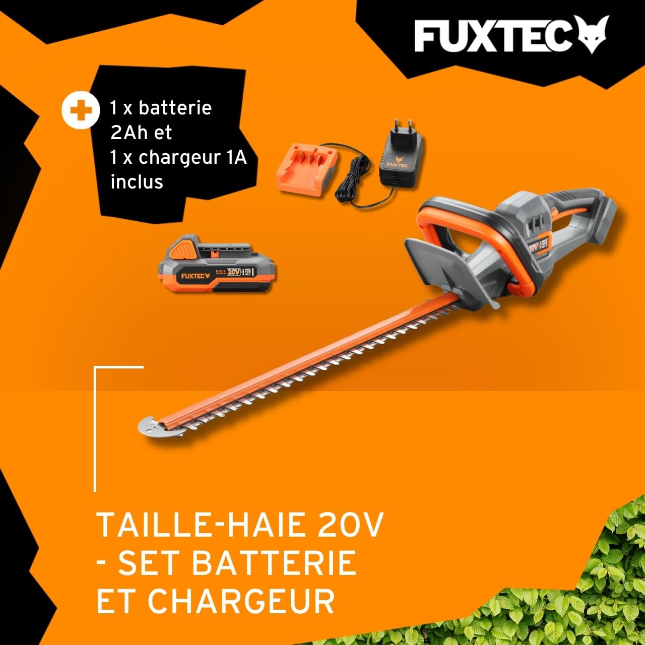 Taille-haie 20V avec Batterie FUXTEC FX-E1HS20 Taille-haie électrique avec Batterie Li-ION 2Ah et Chargeur 1A - Longueur de Coupe 52 cm