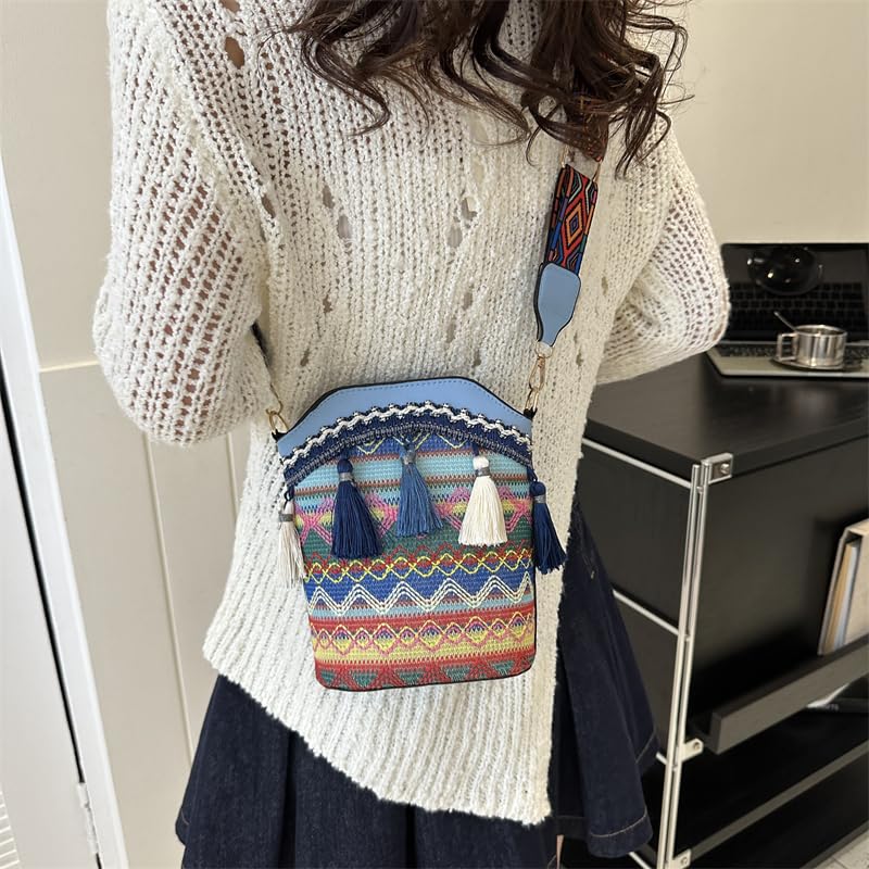 Bolso bandolera de piel sintética para mujer, hecho a mano, étnico, tejido