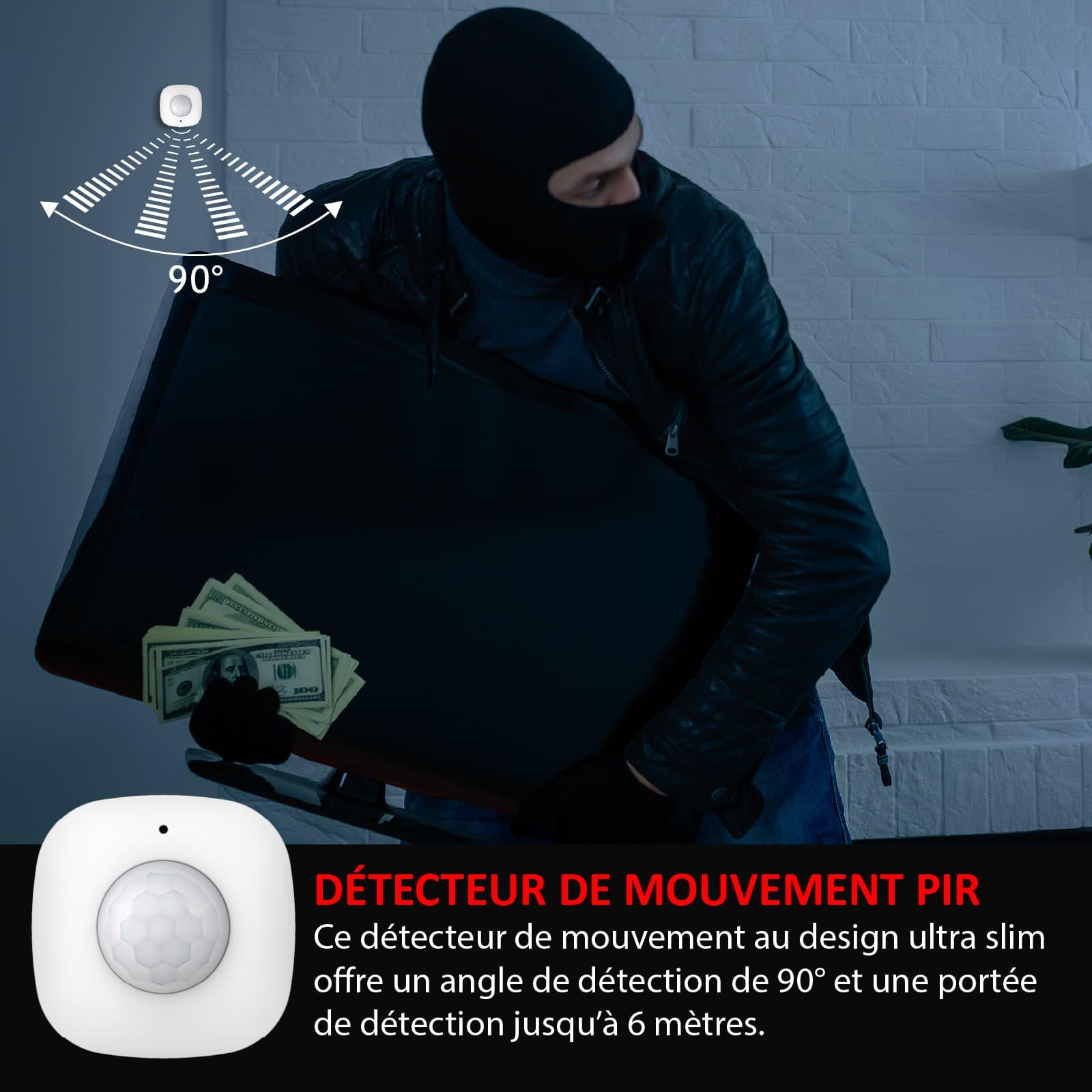 Kit Alarme évolutif 868Mhz connecté WiFi avec sirène intégré 90dB et Flash Lumineux, Sirène extérieure Solaire 90dB, détecteur de Mouvement, détecteur d'ouverture (x2) et télécommande (x2)
